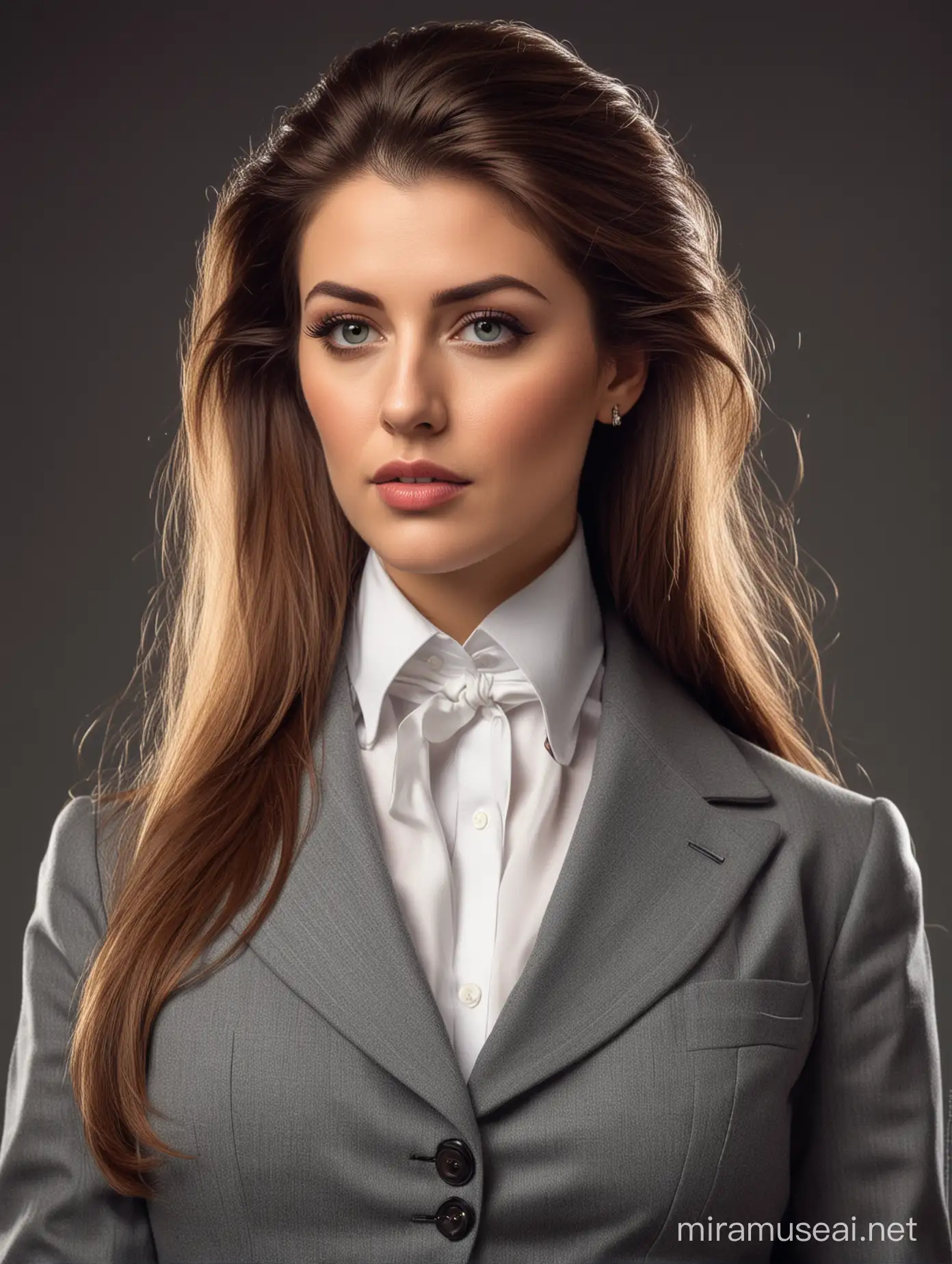 A big breasted lady with a beard and sideburns and long hair and a suit