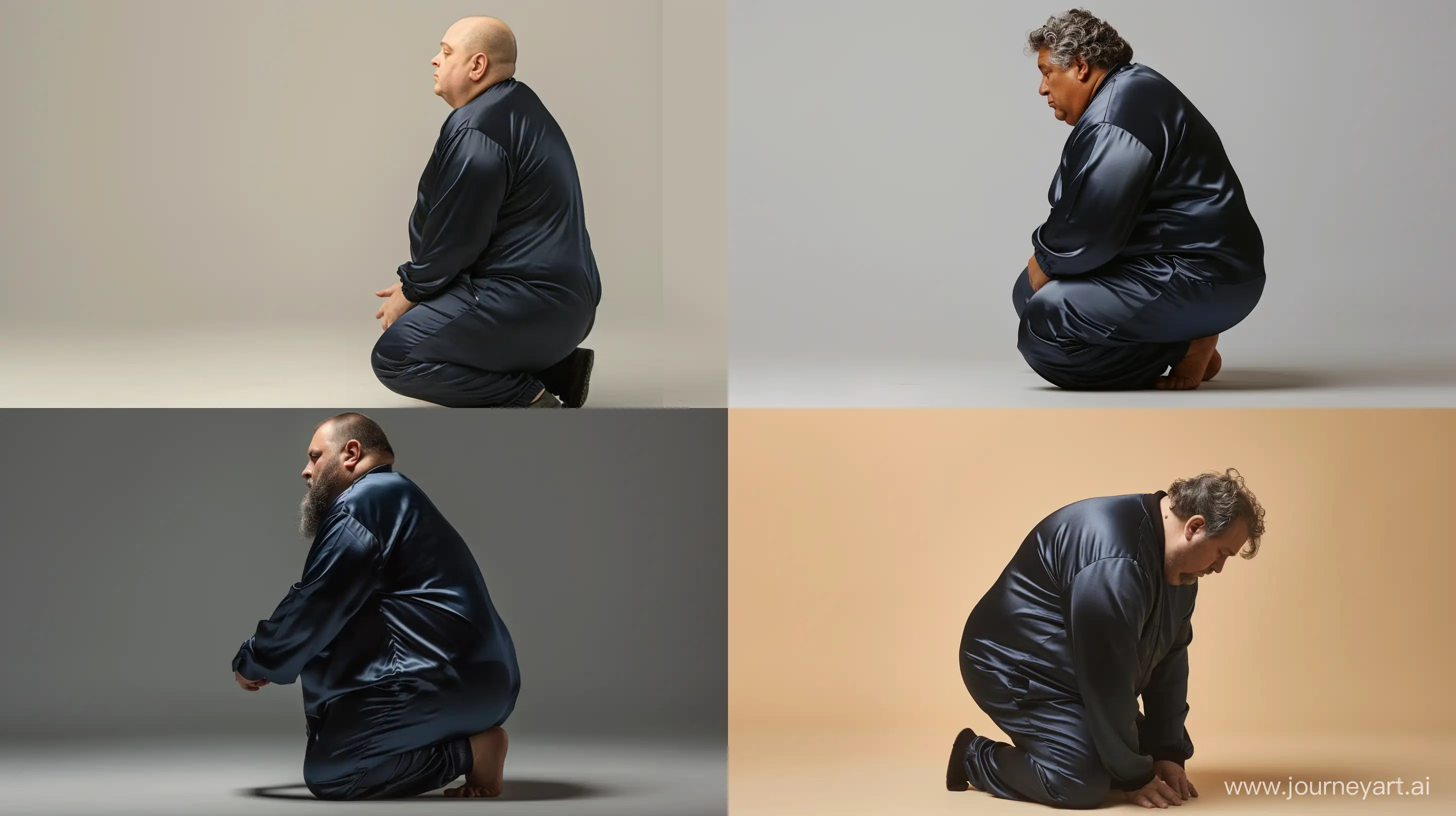 Side profile photo of a fat man aged 60 wearing silk navy tracksuit kneeling down. --ar 16:9