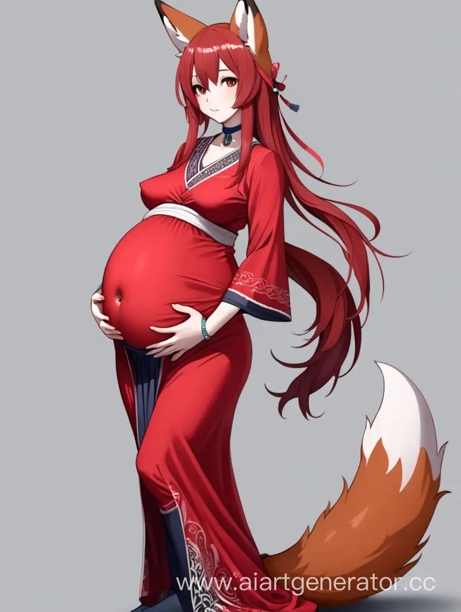 Pregnant, a fox girl, in crimson attire