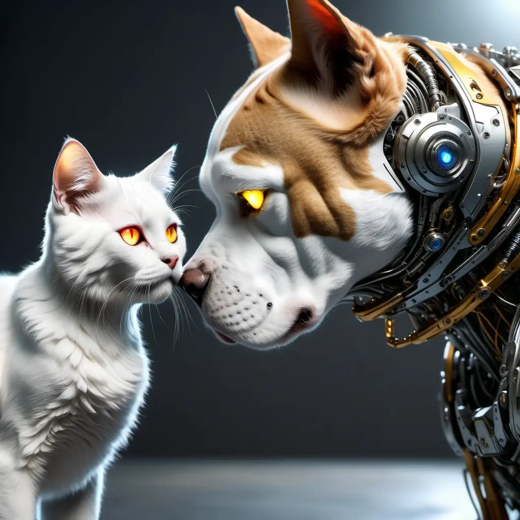 Generuj ultra realistyczne zdjęcie w rozdzielczości 8K, duży pies, ma biało-zólte oczy całuje, pięknego kota cyborga. --V 6