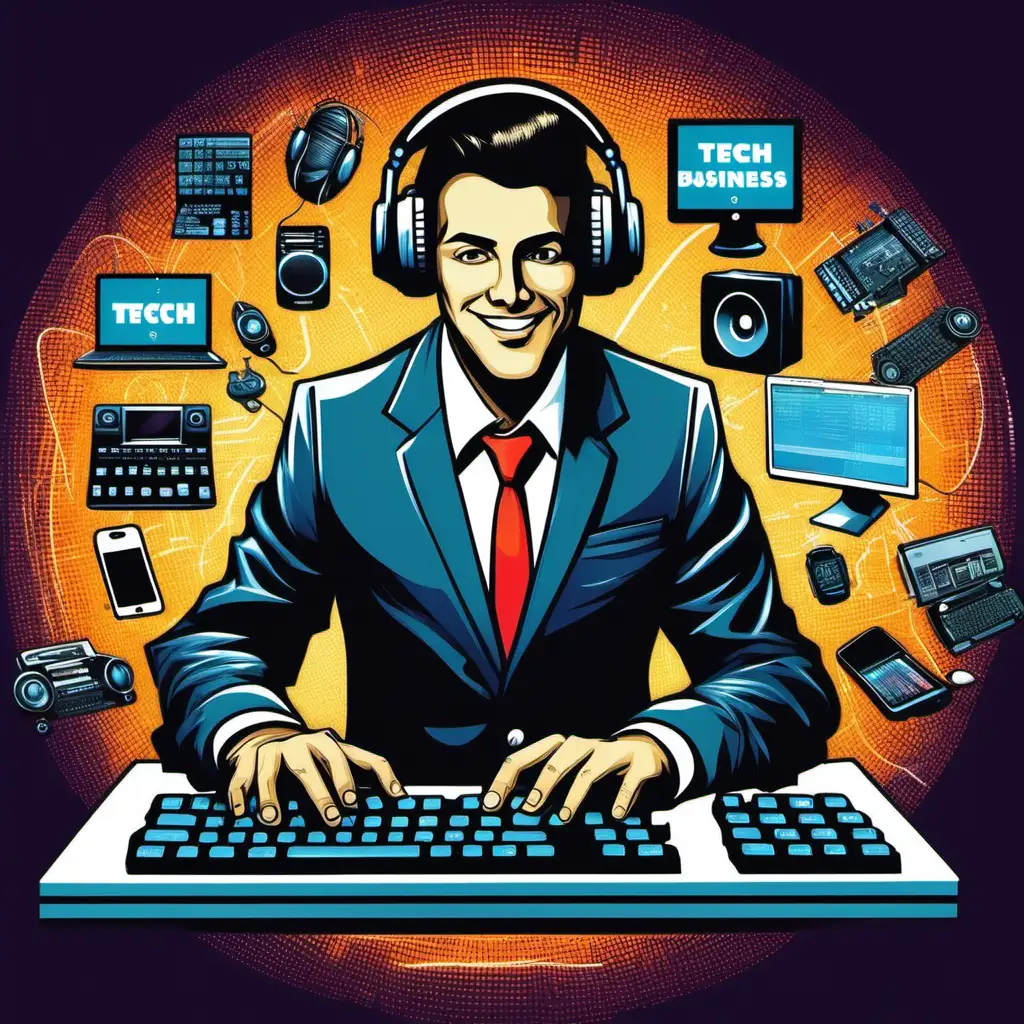 Create a business Logo with a guy in a Business suit DJing on a "computer keyboard" with a lot of different technology  devices wirelessly with the following words as the business name: "Tech Mojo"