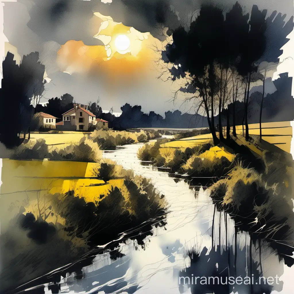 Riparian stream, in the background a house between the trees, In the sky, stormy clouds are approaching, the sun shines through the clouds, 
twilight mood. Balanced composition. Wet on wet acrylic and heavy ink. Dynamic lighting, crisp quality, in style of Picasso, and Thomas Wells Schaller.
