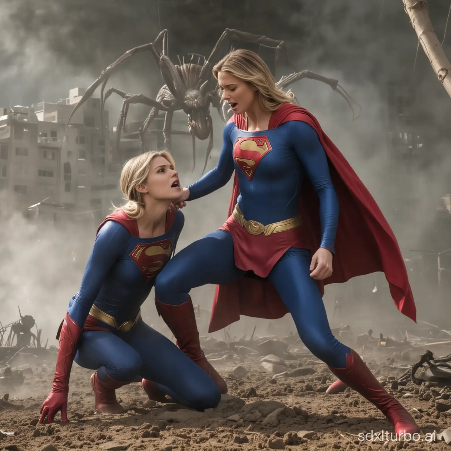 Supergirl, dressed as Superman, Huge arachnid engulfing, swallowing Supergirl Giant spider looming over Supergirl, leaning over, hunched over Supergirl