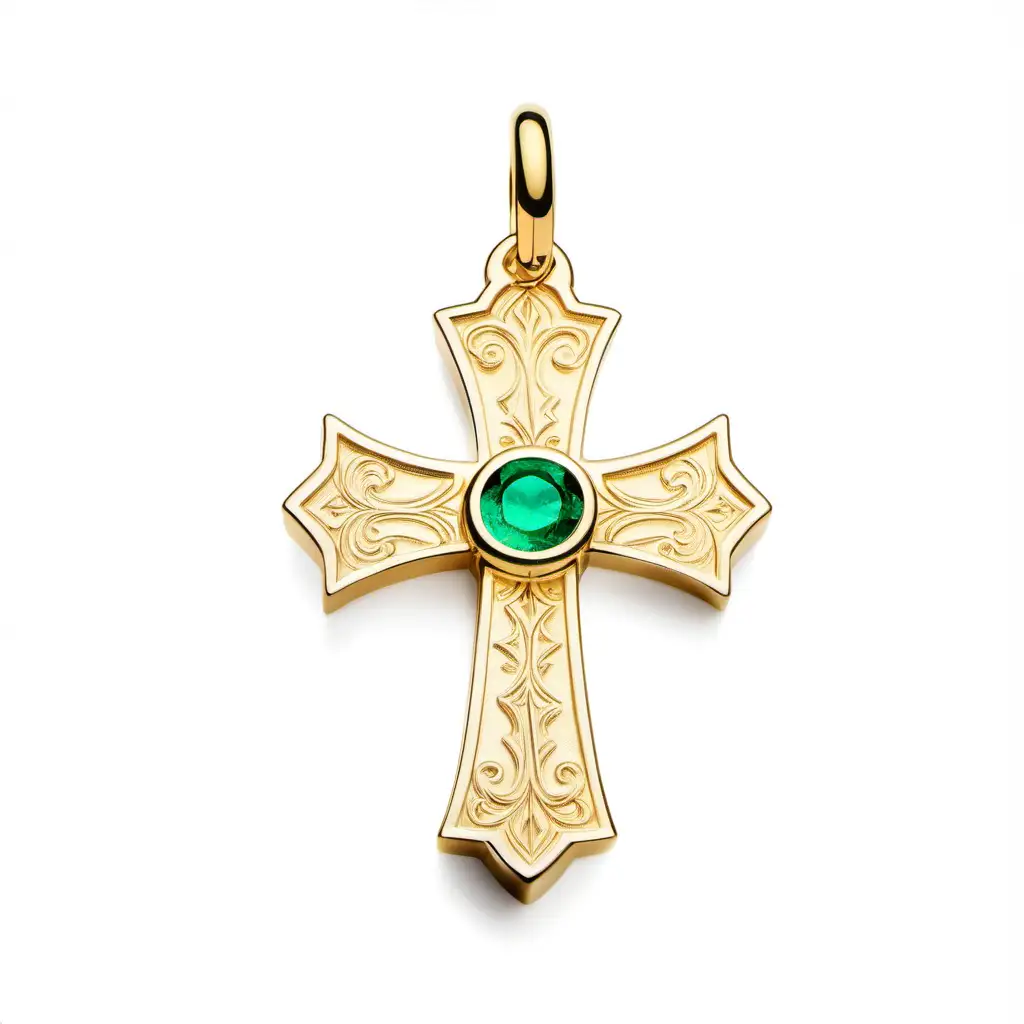 Cross Gold Emerald Engraved Charm on White Background