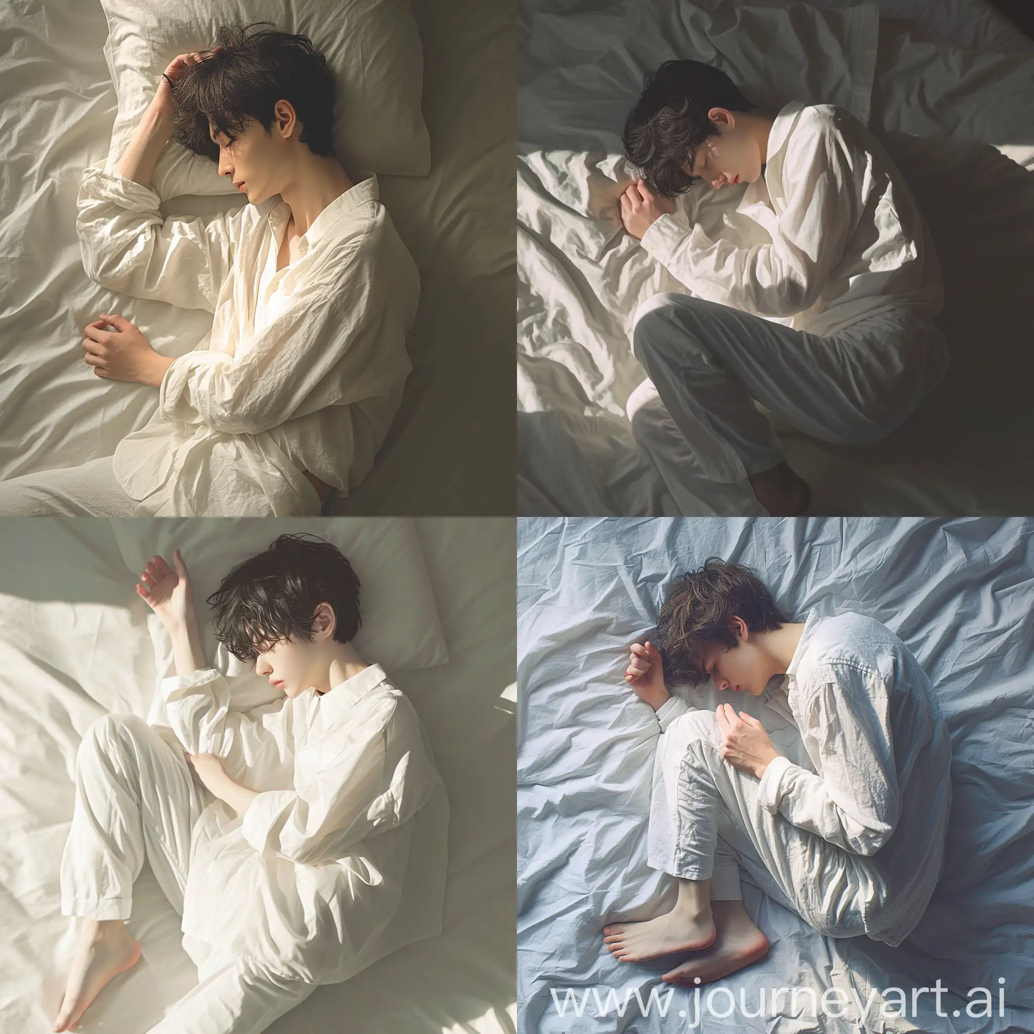 一个20岁的男人, 躺在床上, 白色衣服, 安静的睡着, 俯视视角, 最高质量 --niji 6