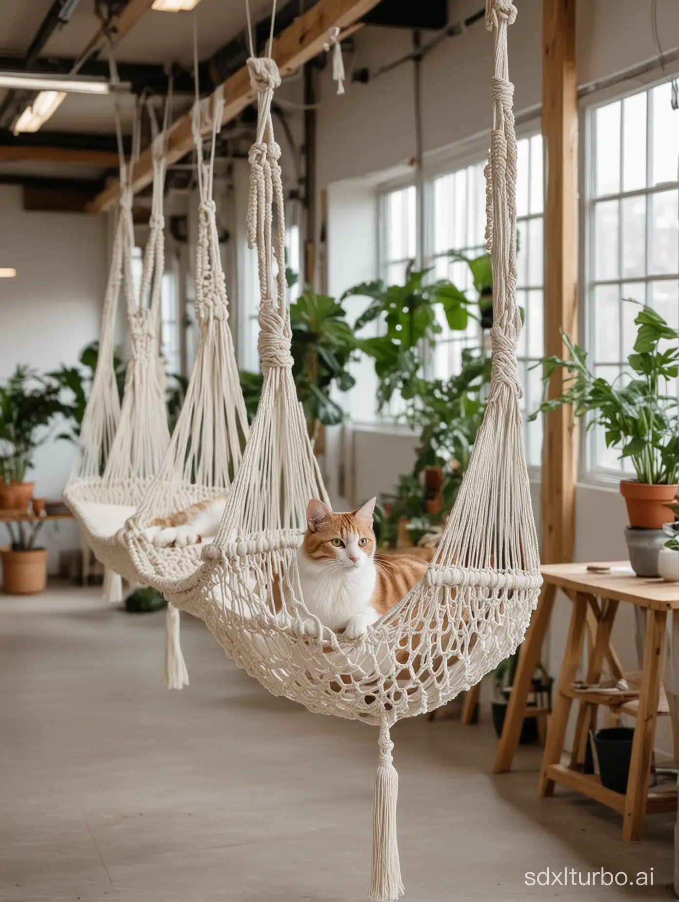 A factory that manufactures macrame cat hammocks, advocating for environmentalism, warmth, art, and aesthetics in cotton rope weaving