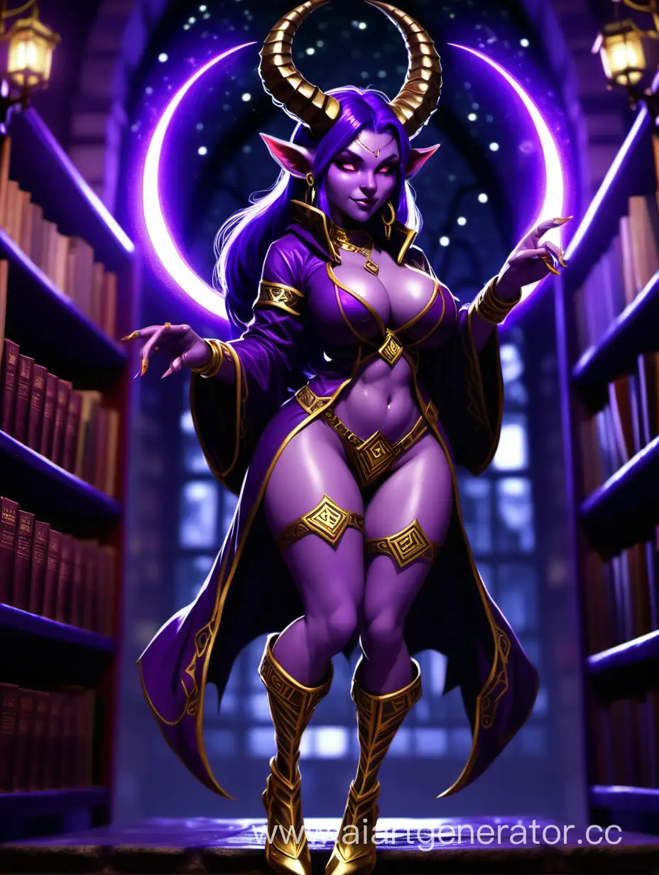Shortstack imp girl, cute, purple skin, hooves for feet, library background at night with glowing purple runes, clothed, large breasts, large thighs, horns atop head, very short. Gold ear rings. Purple skin.