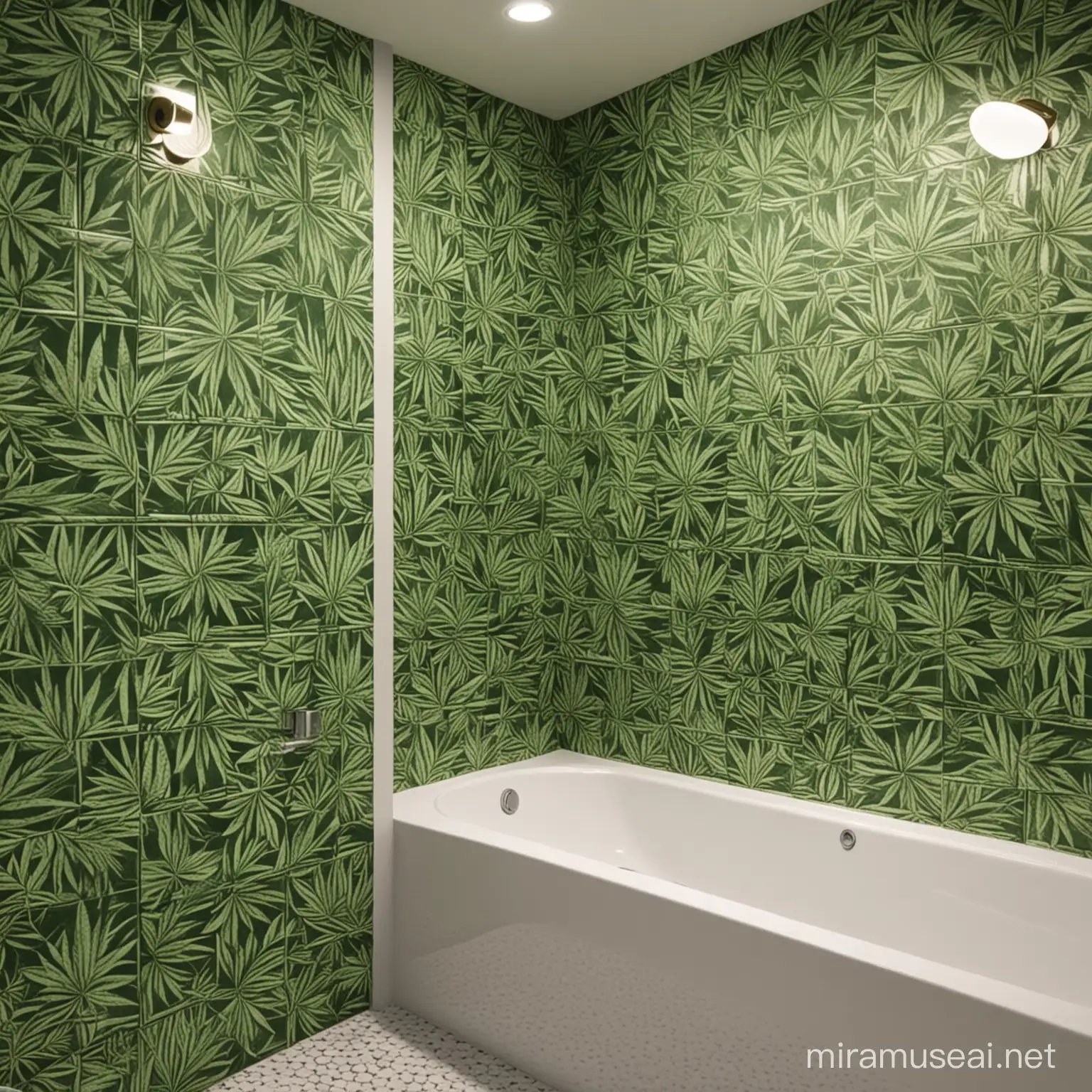 Modern Bathroom with Green Cannabis Leaf Decor Tiles