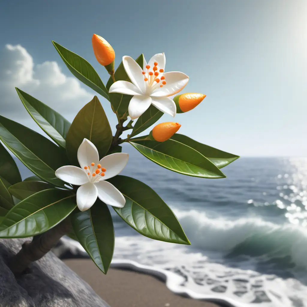 create a realistic image of a neroli plant in flower by the sea