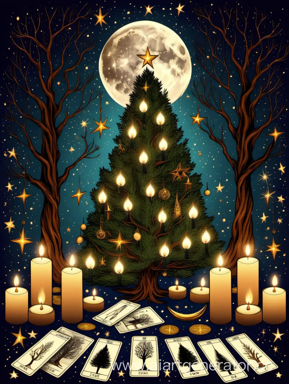 Enchanting-New-Year-Tree-with-Tarot-Cards-Candles-and-Moonlit-Ambiance