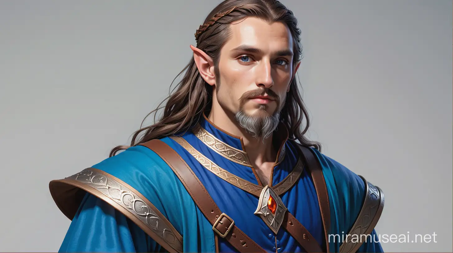 noble half elf king blue garments long brown hair, graying brown beard