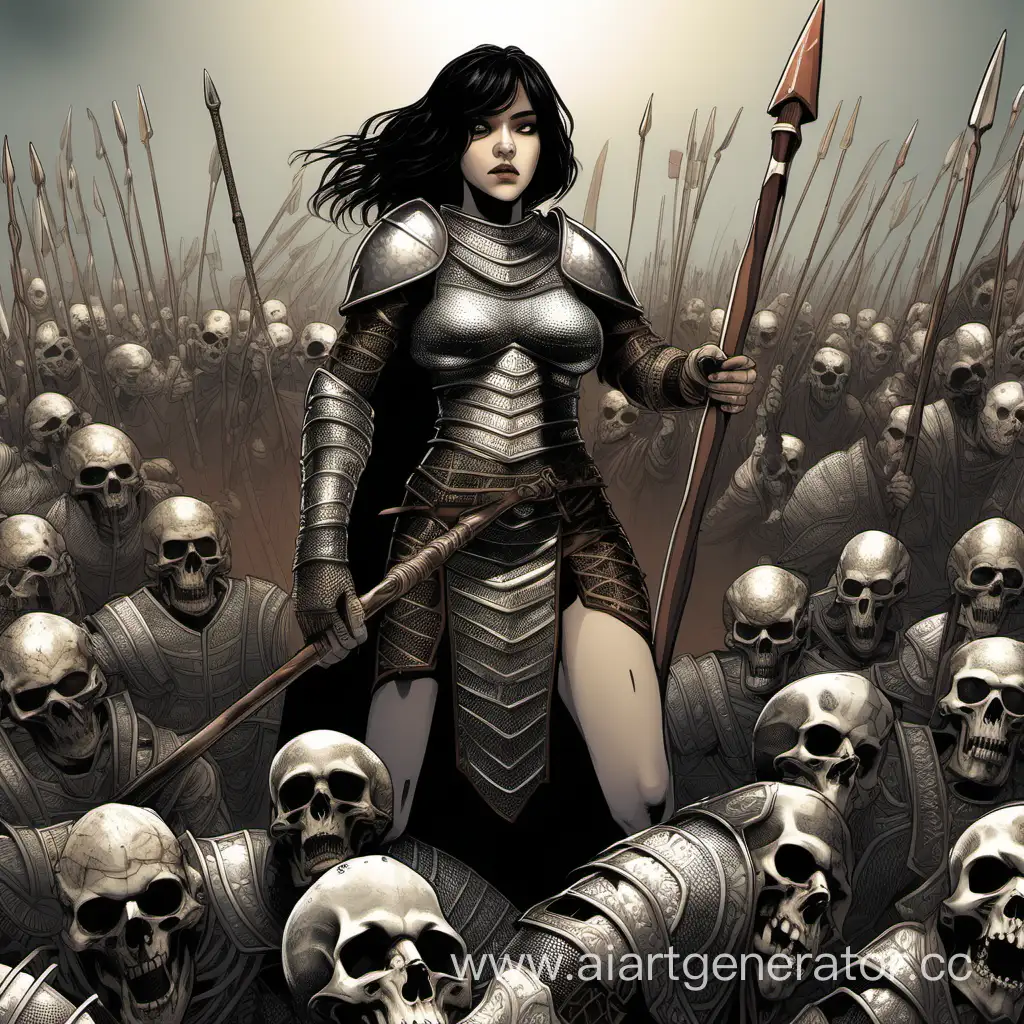 Женщина Великан с  белой кожей, черными волосами и карими глазами, стоит на костях людей с копьём и щитом, в кольчужной броне