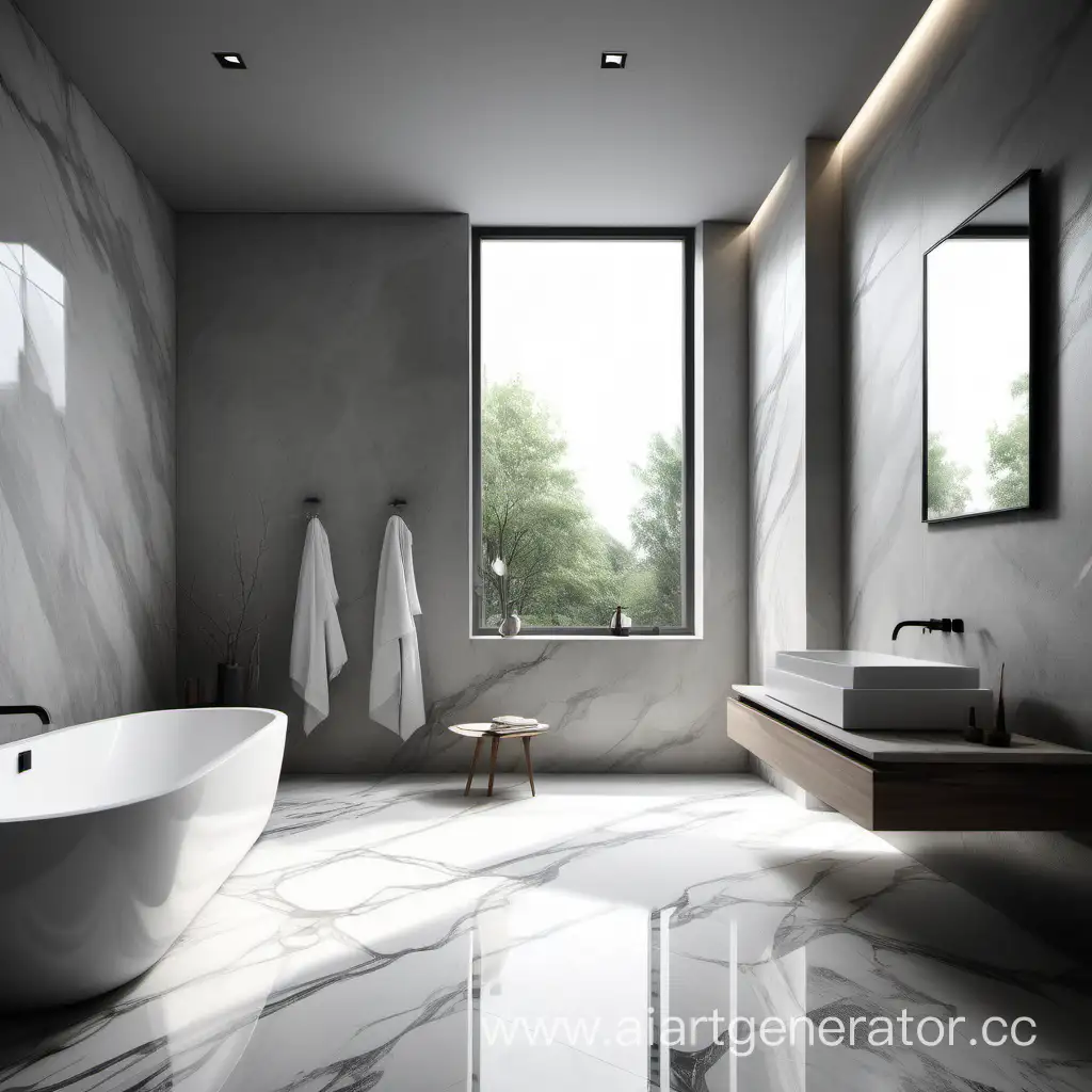 Пустая ванная комната без мебели имеет серые стены, облицованные плиткой, напоминающей бетон. Визуальный эффект, создаваемый плиткой, добавляет интересный и современный вид интерьеру. Белый мраморный пол создает элегантный и чистый внешний вид комнаты. Большое окно слева комнаты.
