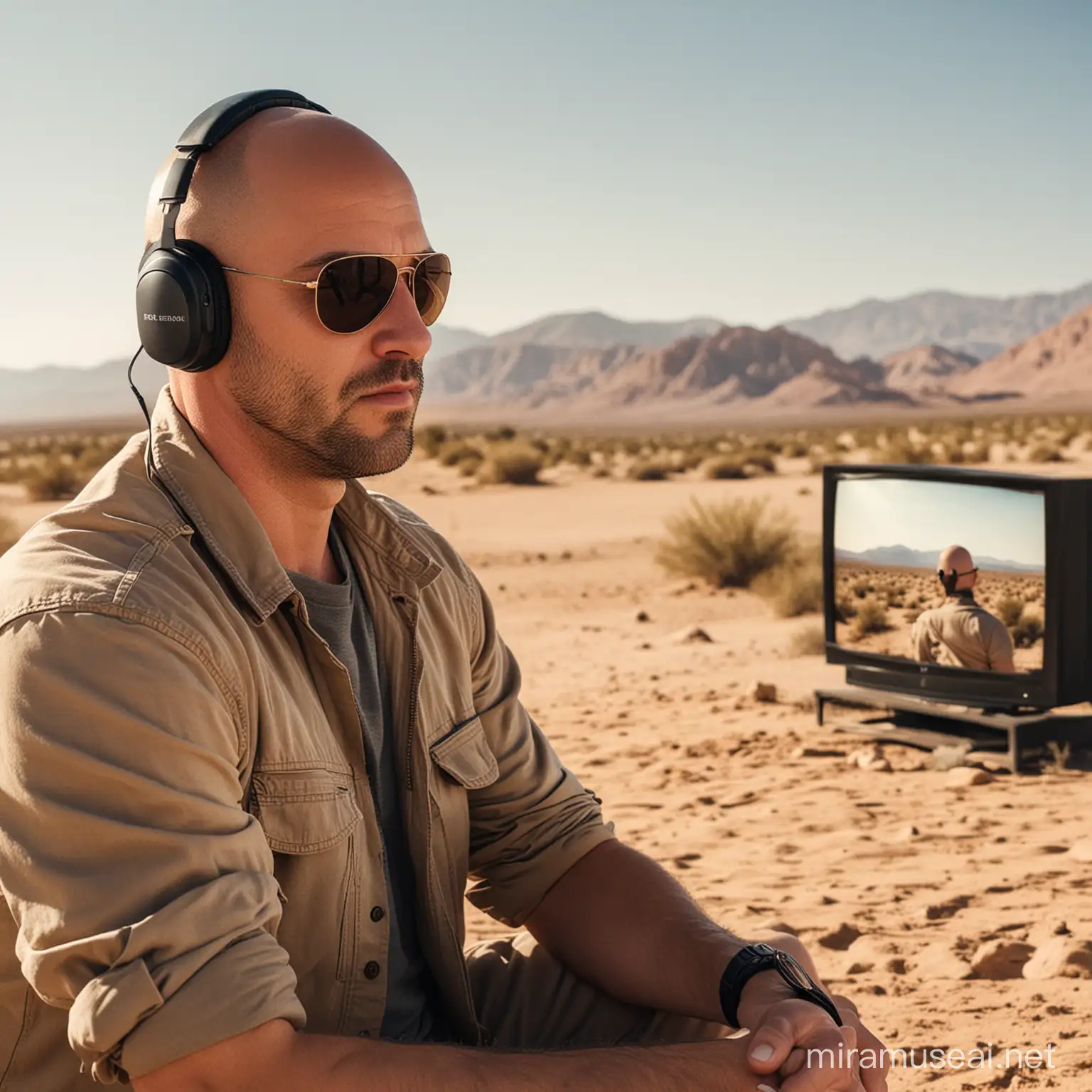 bald man with aviators and a headset watches TV in the desert
