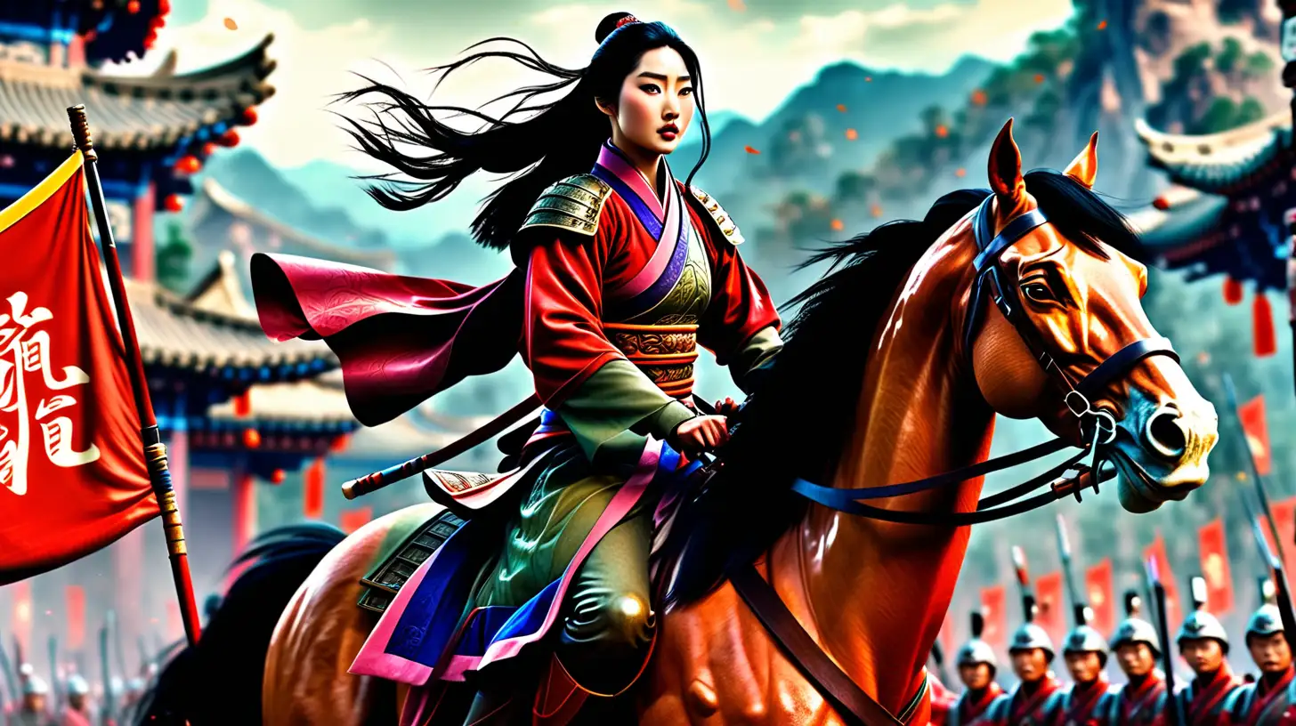 Hua Mulan Riding Horse with Military General in Battle