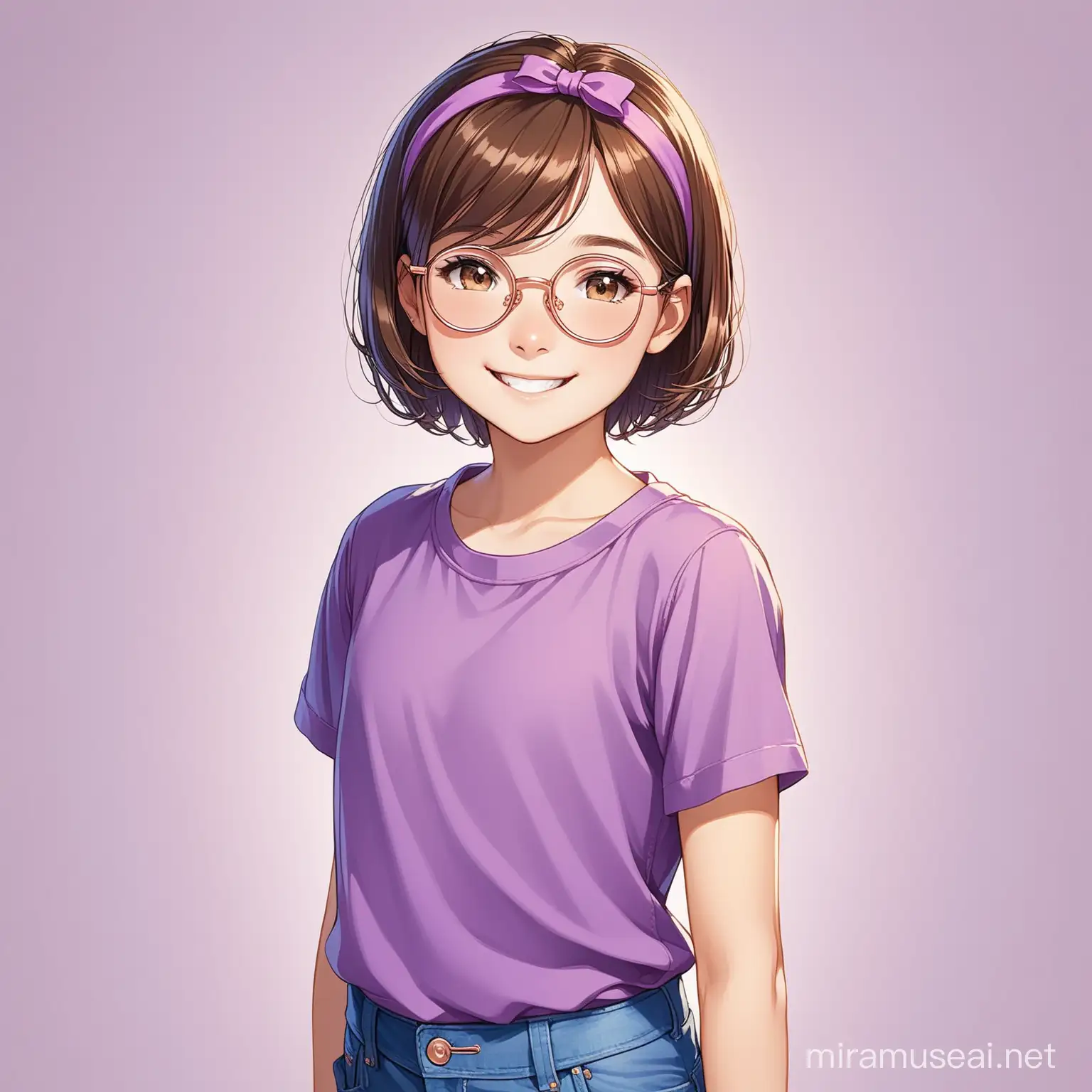 Smiling 12YearOld Girl with Rose Gold Glasses and Headband in Purple Shirt and Jeans