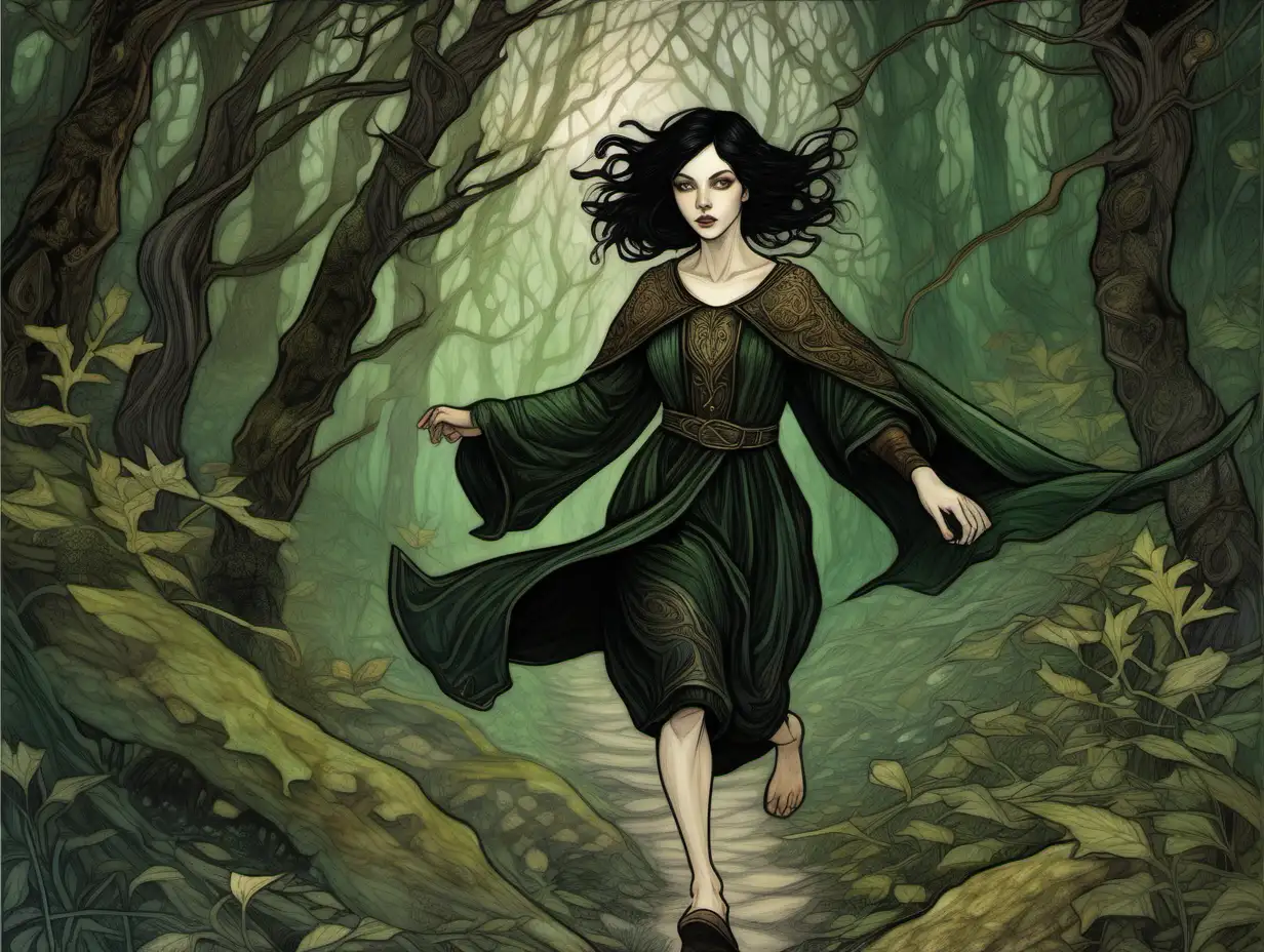 Enchanting Night Run Mysterious Woman in Black Wizard Tunic