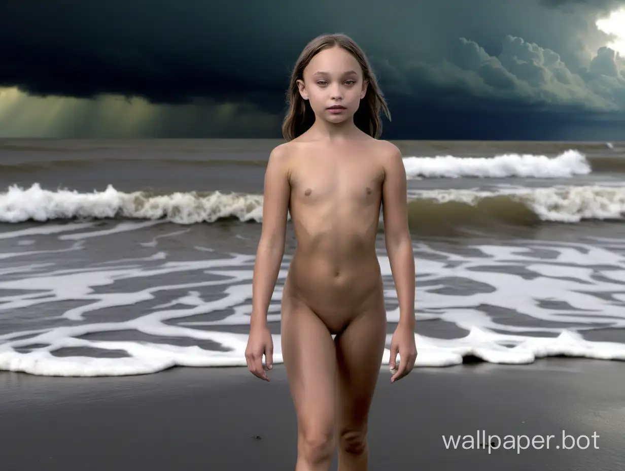 Maddie Ziegler 11-year-old nudist towards on the shore of a stormy sea under a stormy sky