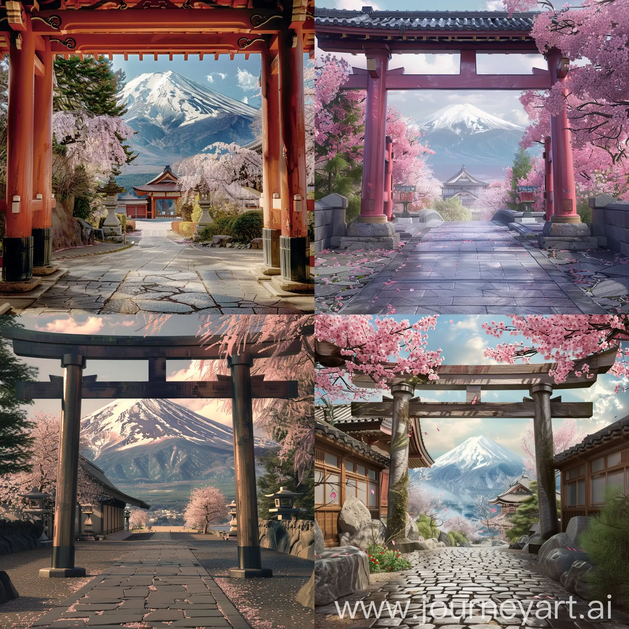Traditional-Japanese-Scene-Torii-Gate-Mountain-Sakura-Blossoms-and-Stone-Path