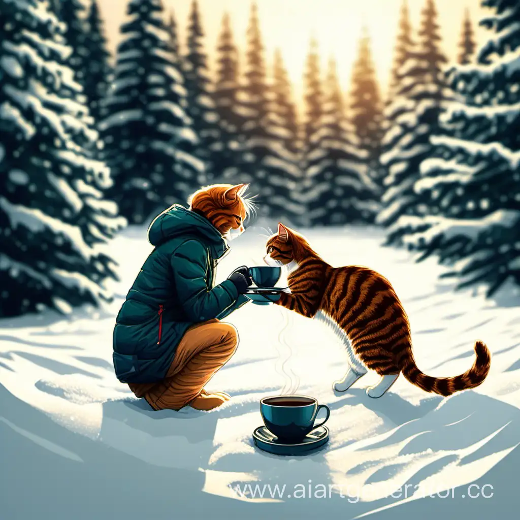 Cozy-Morning-Ritual-CatDrinker-Enjoying-Coffee-Amidst-SnowCovered-Pine-Trees