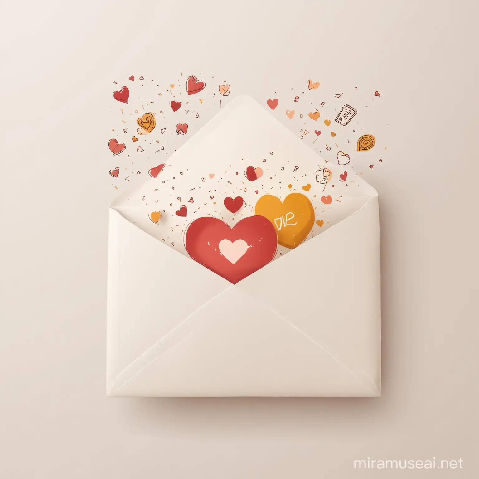Envelope with heart-shaped budget symbols flying out, Love your budget, Warm and inviting colors, Minimalistic art style, Low level of detail, vector, contour, white background.