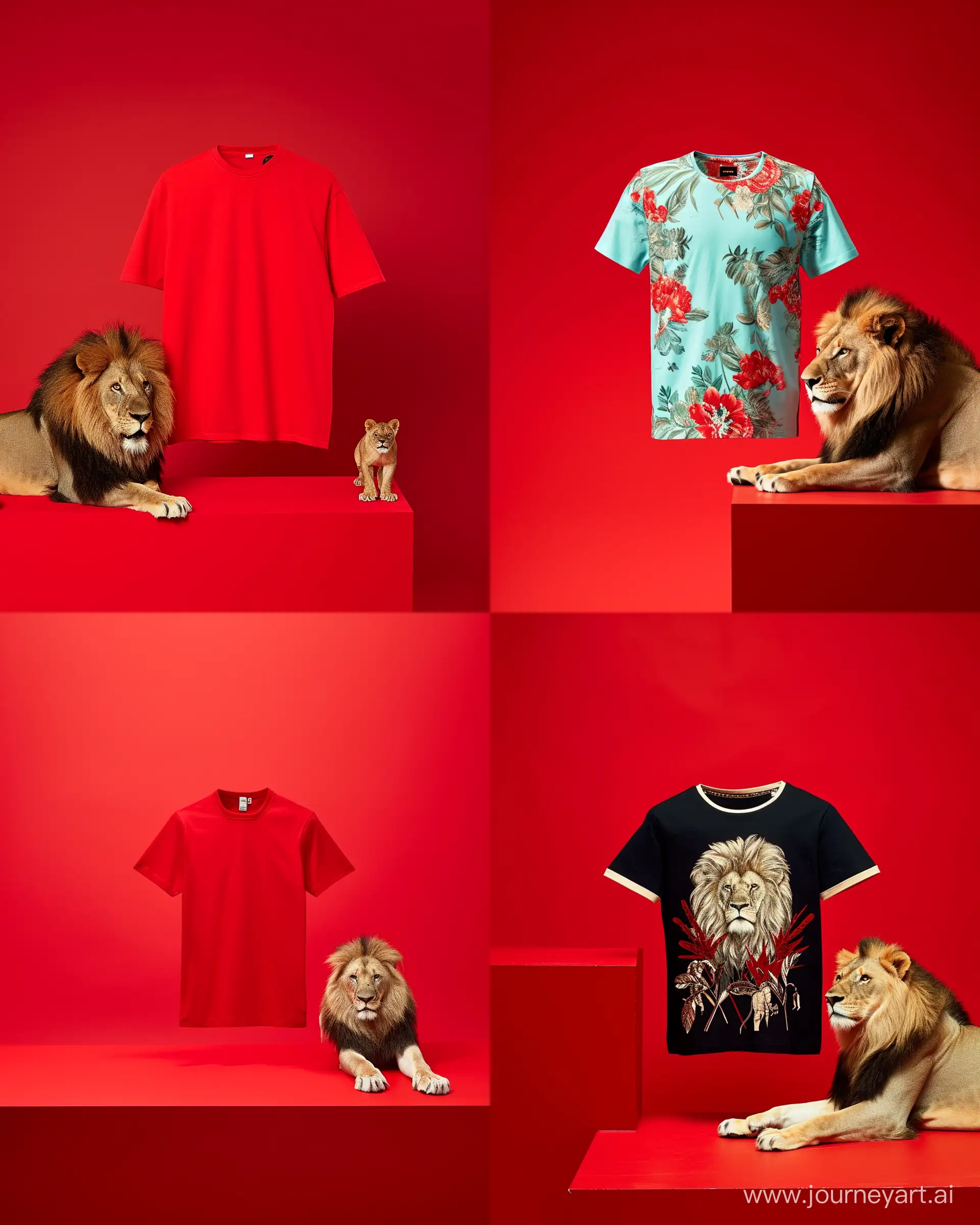 a tshirt, placed on a red surface against a red background, and a lion next to it   --ar 4:5 --style raw --stylize 50 --v 6