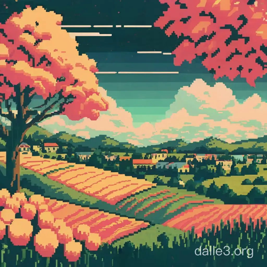 landscape made out of food in anime 32bit  pixel art