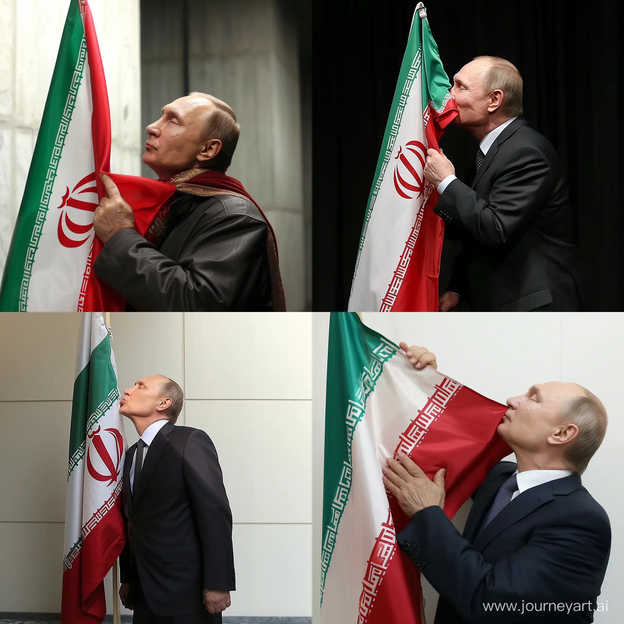 Vladimir putin, kissing iran flag, high realistic, 64K