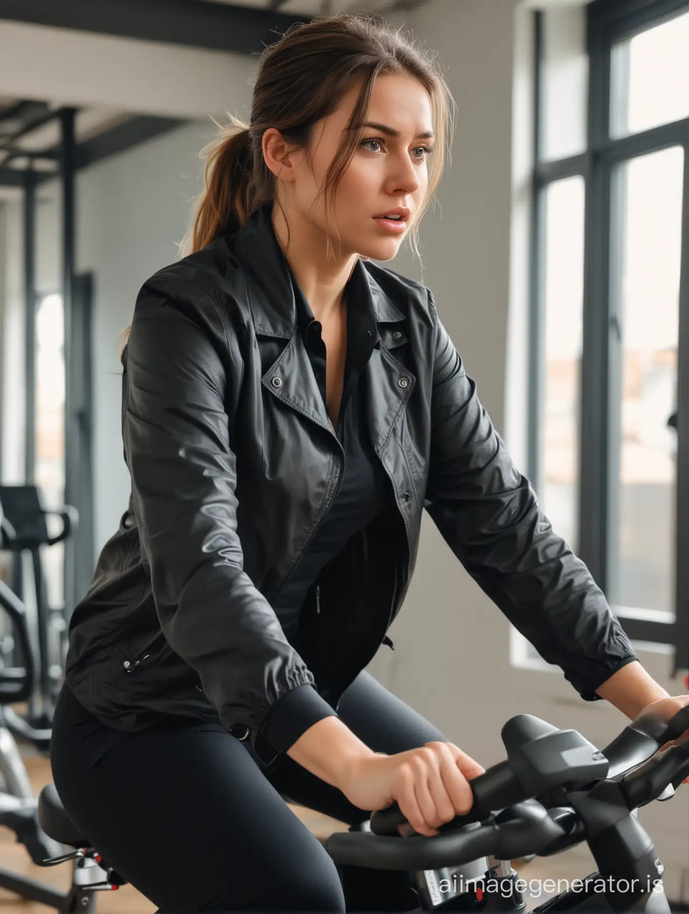 Very worried, young, sweaty, large butt, collared woman riding exercise bike in gym, wearing black jacket, black pants and collar.