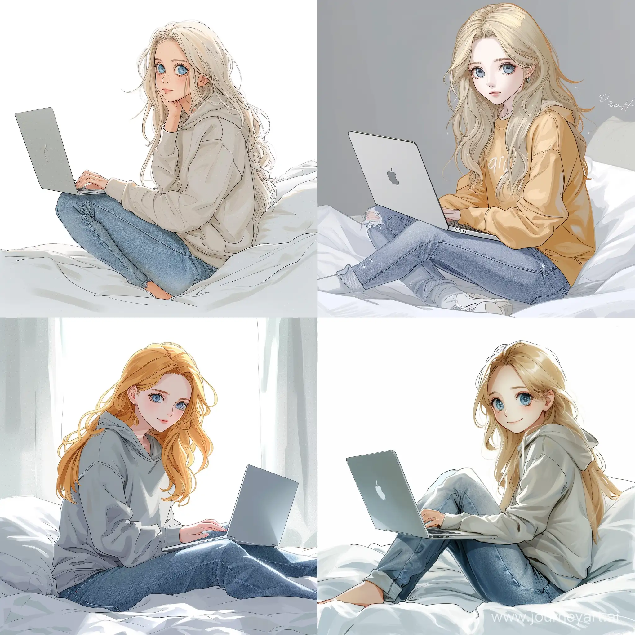 Stylish-Teenage-Girl-with-Laptop-on-Bed-High-Detail-Cartoon-Art