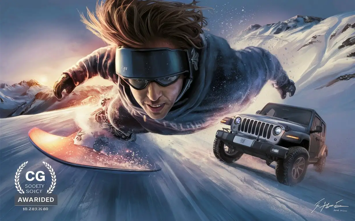 close-up: a man is rolling down the mountain on a snowboard next to a jeep, winner of the cgsociety competition, digital art, airbrushing, art drive