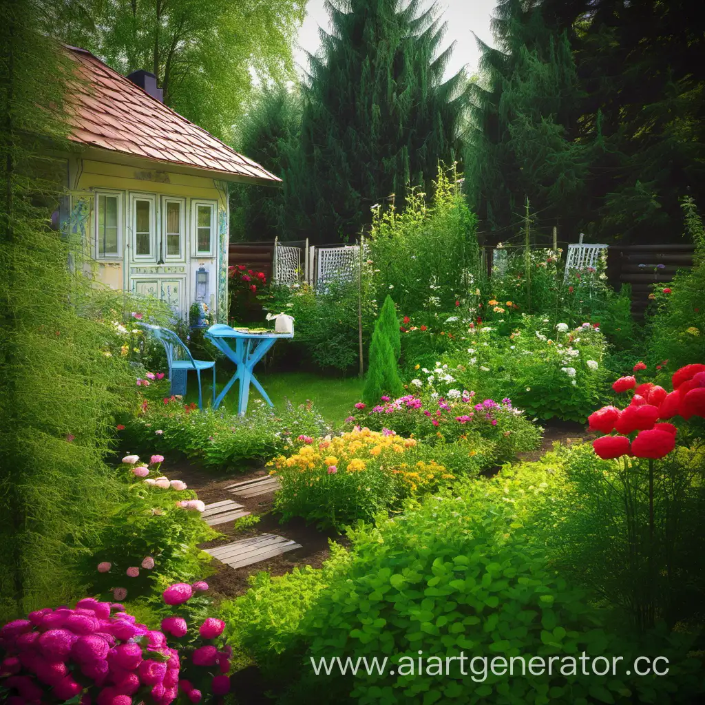 Tranquil-Garden-Scene-with-Vibrant-Dacha-Retreat