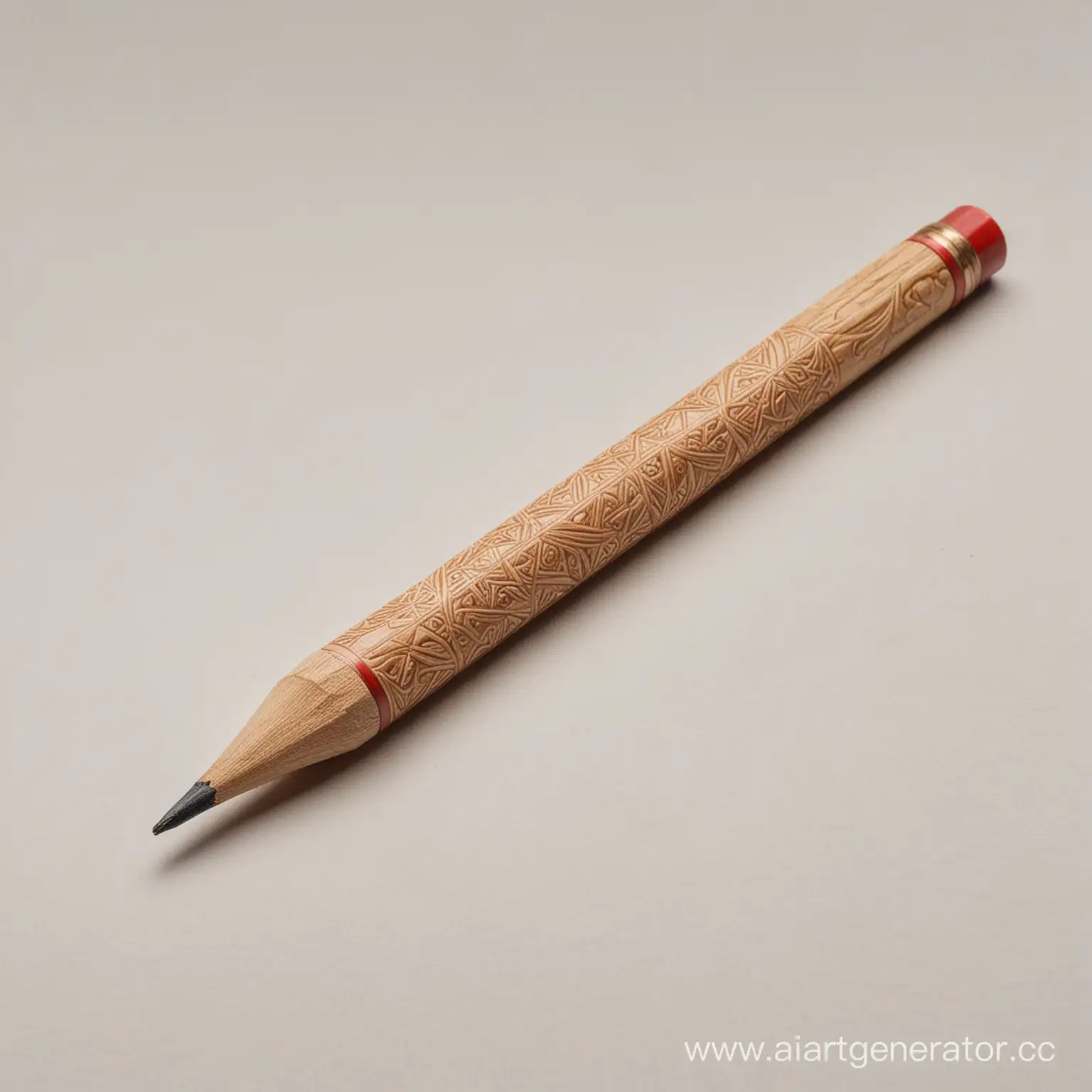 карандаш в славянском виде сделанный из дерева лежит на белом фоне
