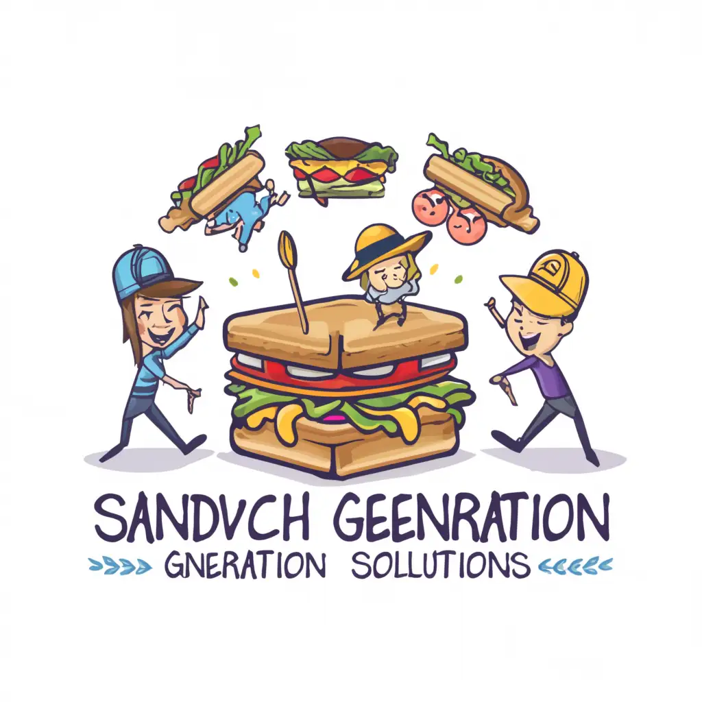 a logo design,with the text "Sandwich Generation Solutions", main symbol:Ideation, development, and operation of online educational content and communities intended to delight the "sandwich generation" - those simultaneously juggling care of young children and helping aging parents.here are a few elements to consider: (1) a "sandwich" with "Sandwich Generation" or "Sandwich Generation Solutions" between the pieces of bread; (2) a juggling element of some sort to symbolize the juggling that the sandwich generation does (maybe a whimsical logo with a couple juggling a couple of kids and grandparents?); (3) calling out special emphasis on the critical word "solutions" in some way through formatting; and (4) maybe "Sandwich Generation" in the sandwich and solutions leading out of the sandwich with an arrow or motion artifact or something.,Moderate,be used in Nonprofit industry,clear background