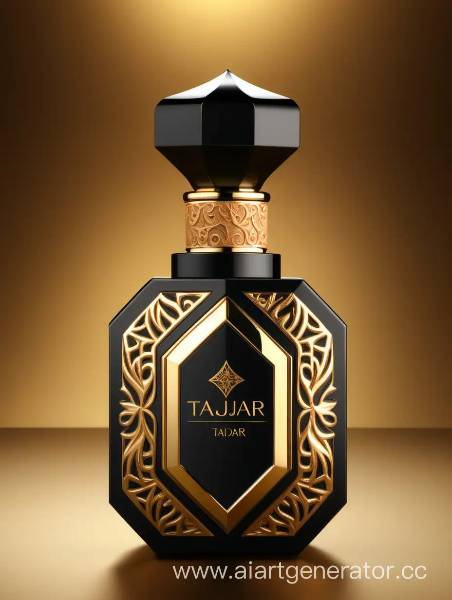 Box package design of perfume TAJDAR product, elegant, trending on artstation,   sharp focus,   studio photo,   intricate details,   highly detailed,   gold, Royal black and beige color on gold background