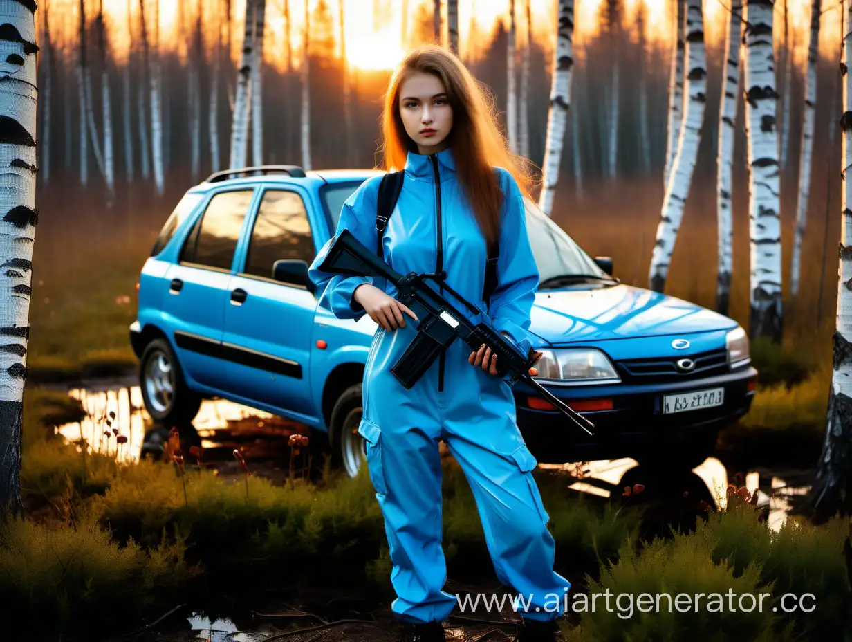 Russian-Stalker-Girl-with-Kalashnikov-in-Forest-Sunset-beside-Mazda-Demio