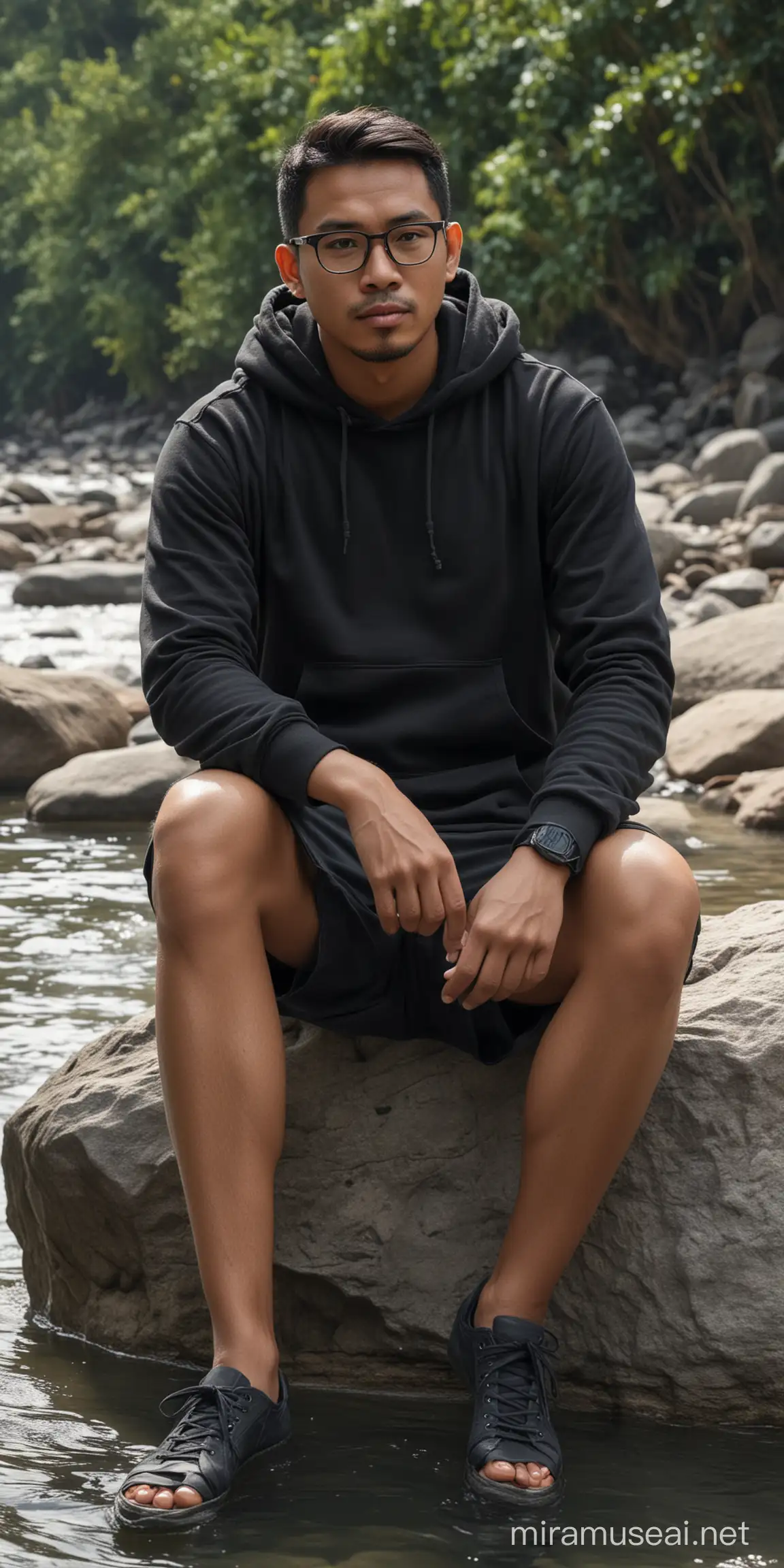 Realistic Portrait of a 32YearOld Indonesian Man Sitting by a Clear River