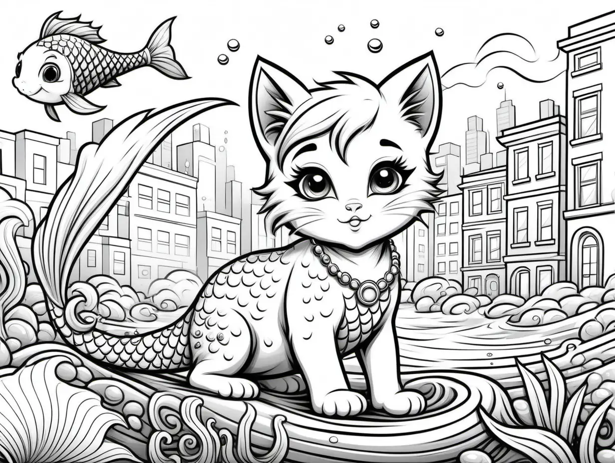 black and white coloring page for kids cartoon style urban cute kitten with mermaid features --ar 4:5