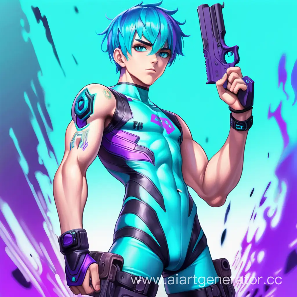 digital art, a young guy, 17 years old, with turquoise hair, purple eyes, in the shorts and skin-tight bodysuit with guns, full height