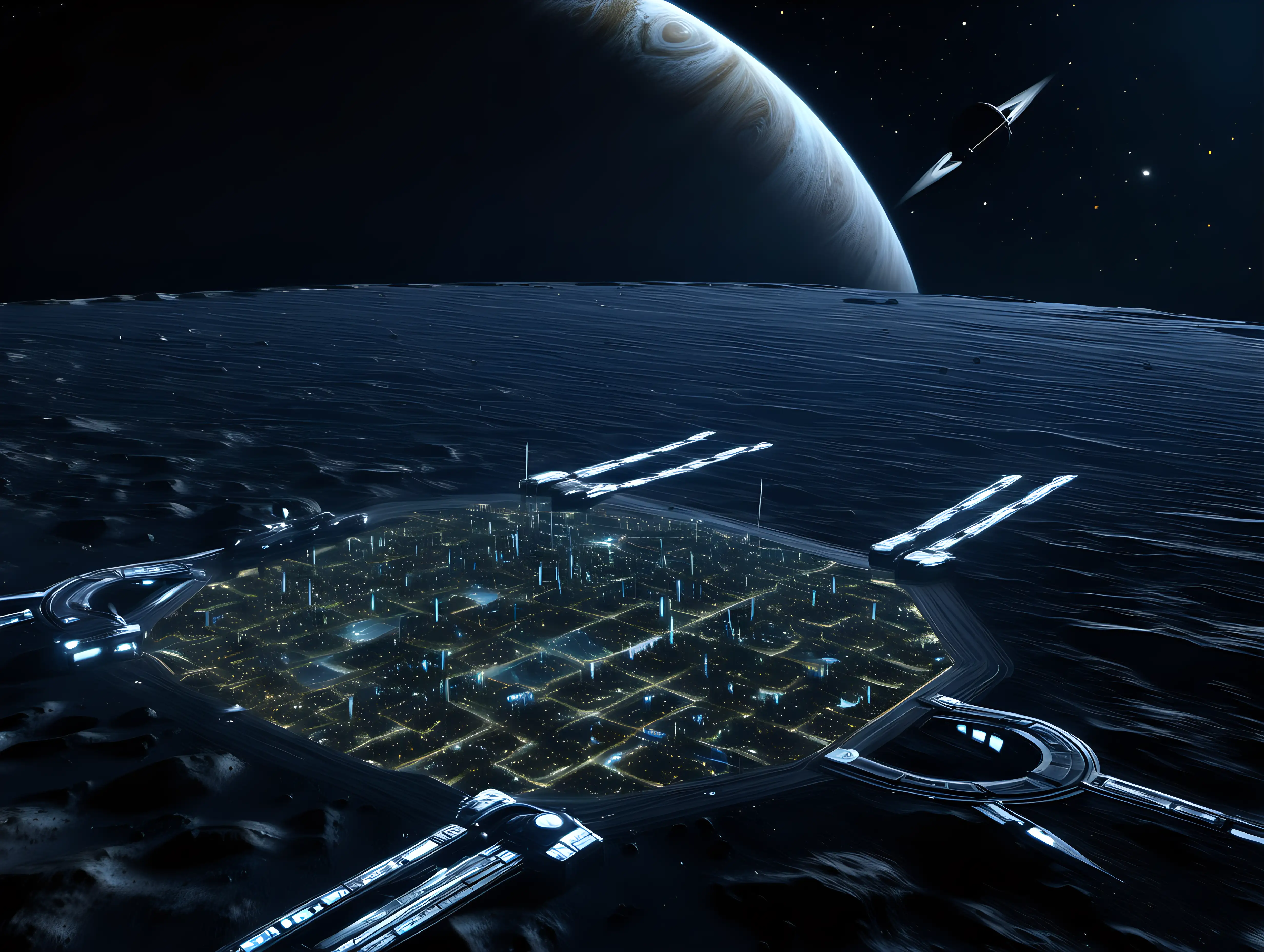 a large settlement on europa as seen from a space ship coming in to land at the space port next to it at night, with jupiter in the backgroud