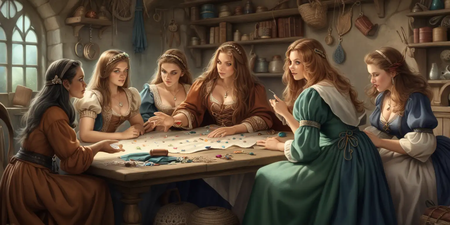 ladies sitting chatting  about sewing , a sorcerer runs away & hides & shows them his witchcraft