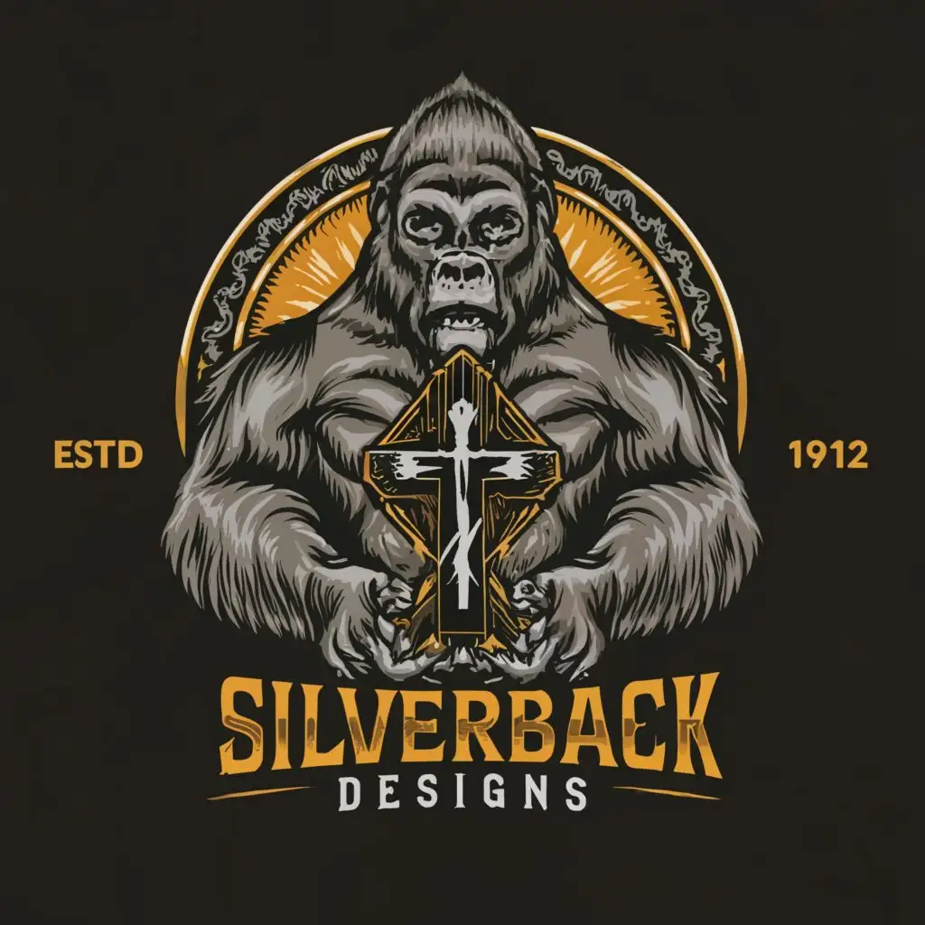 a logo design,with the text 'Silverback Designs', main symbol:Gorilla Christian cross,complex,be used in Religious industry,clear background