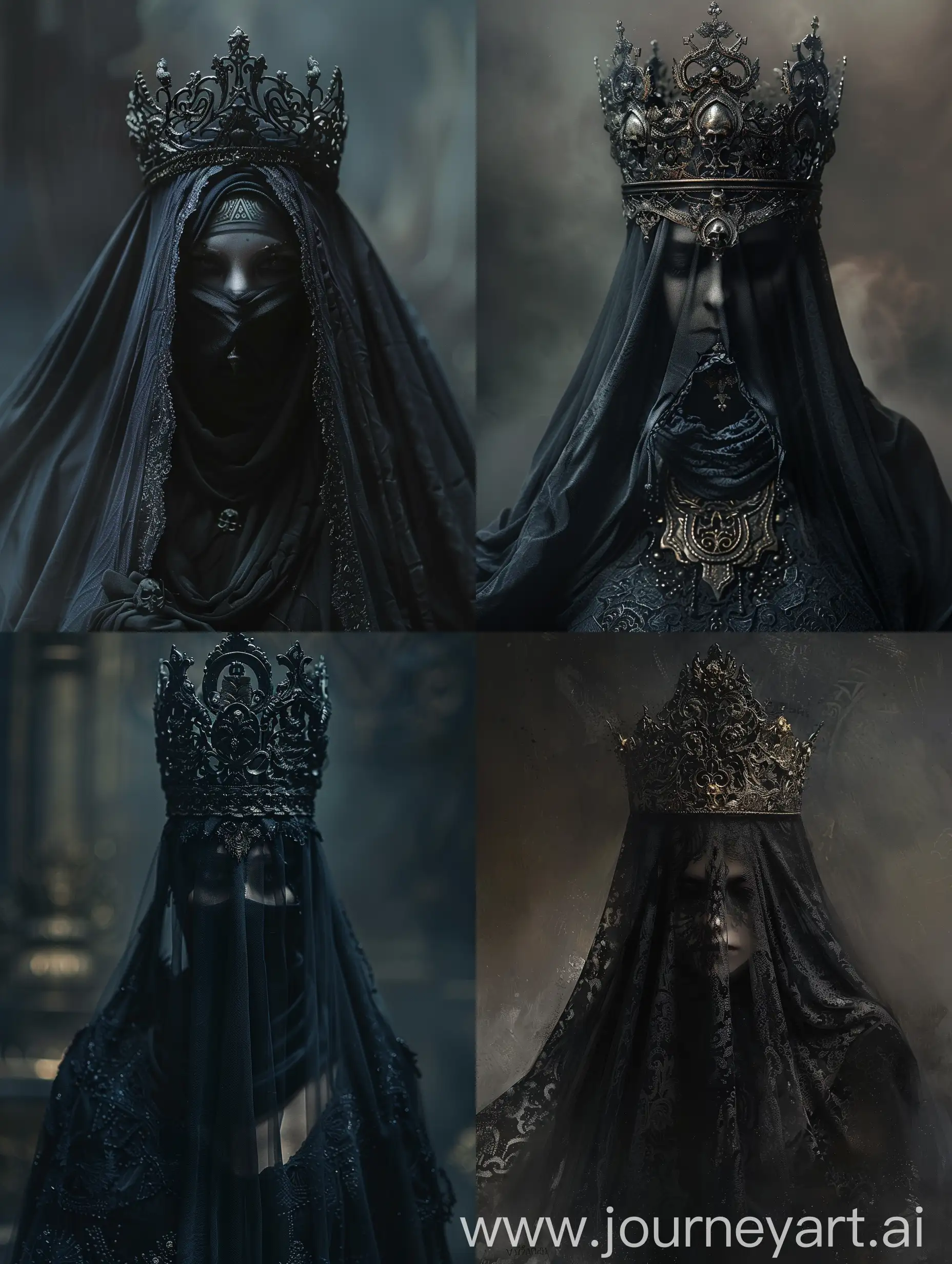 Dark priestesses, ornate crown, black veil obscuring face, horror core, occult core, dark art,  Vetarmora