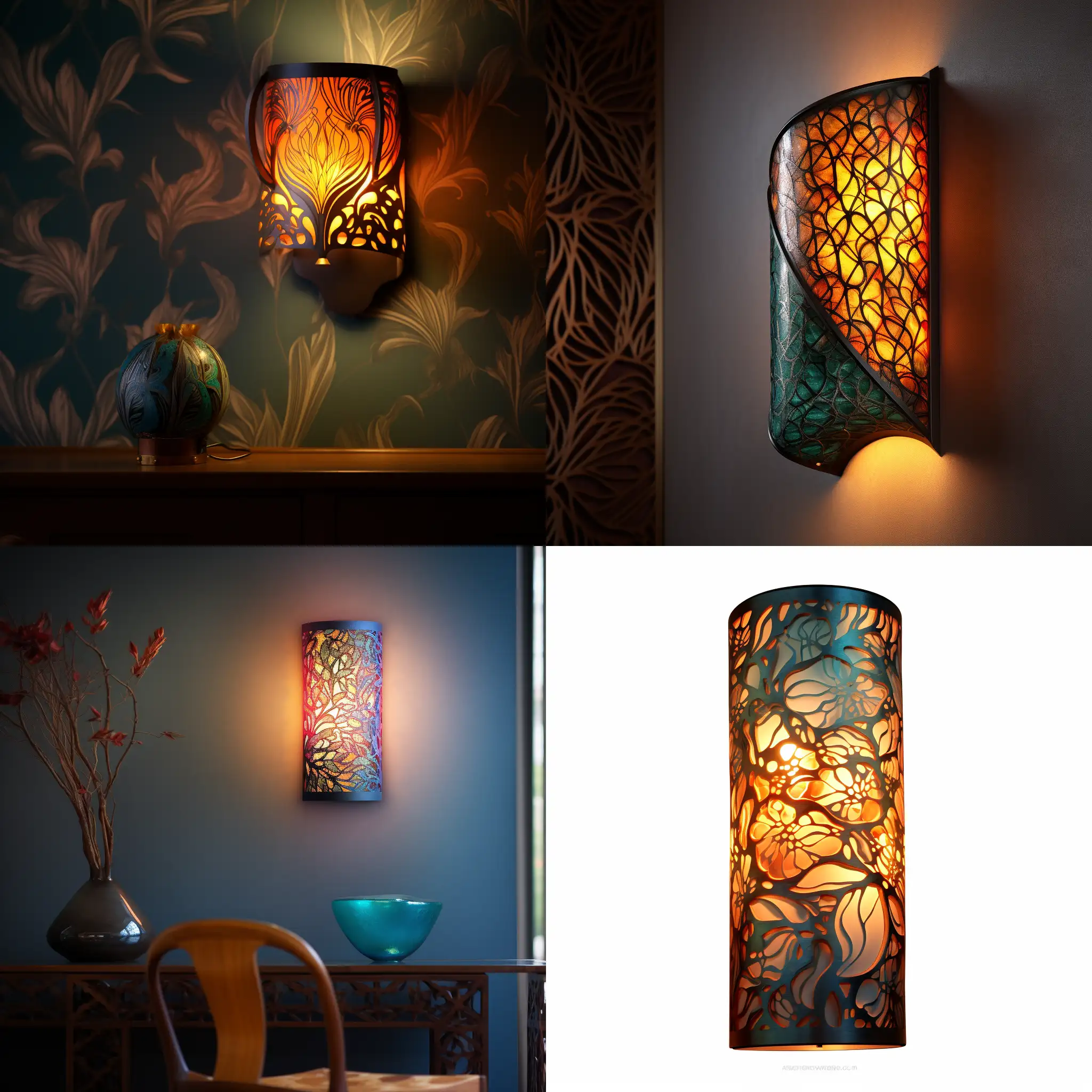 a  meshy wall light lamp with beautiful pattern, realistic, lush, colorful, less details, semi opaque