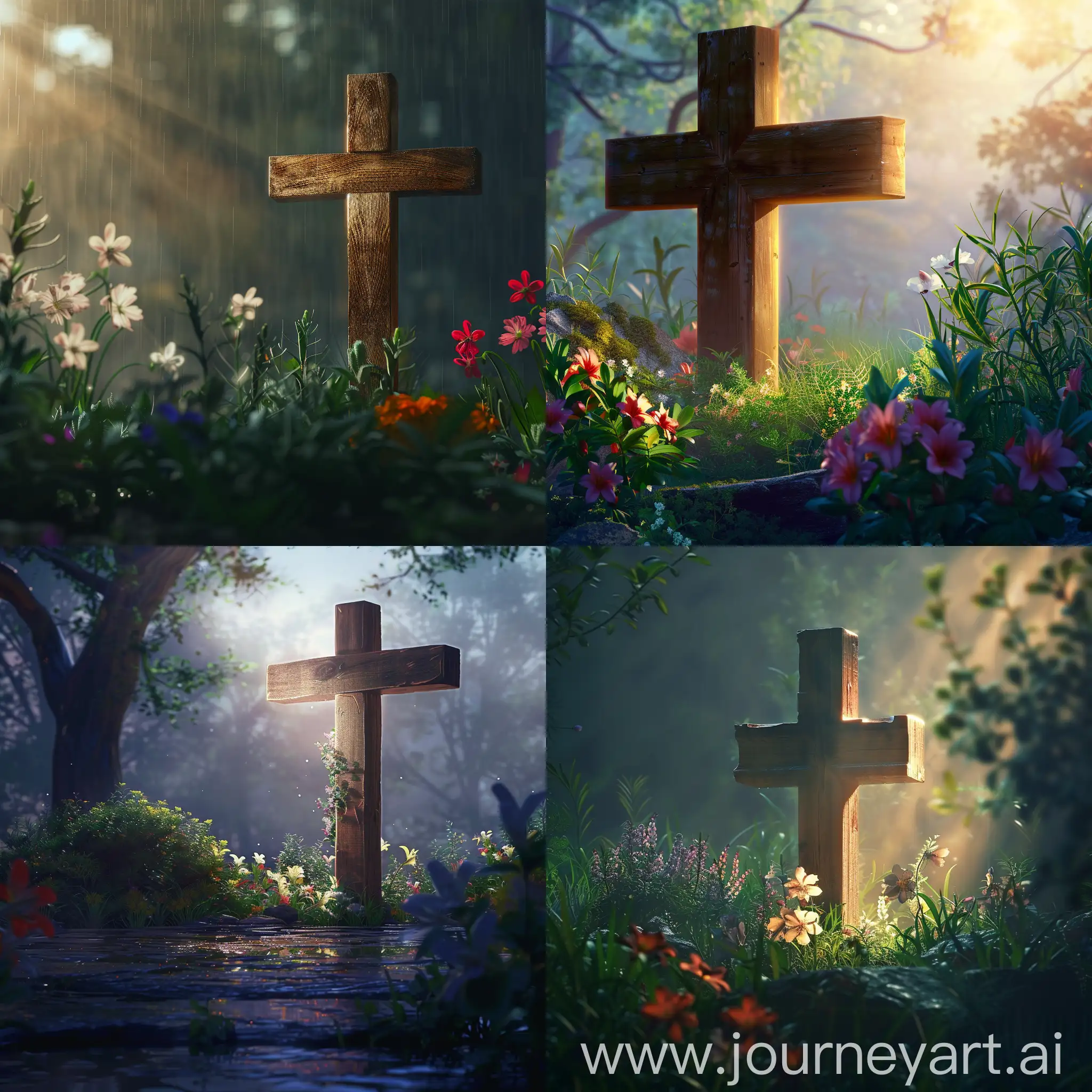 Generate a realistic image of an empty wooden cross illuminated by the soft morning light of a beautiful spring day. In the foreground, there are a few vibrant flowers, adding a touch of color and serenity to the scene.