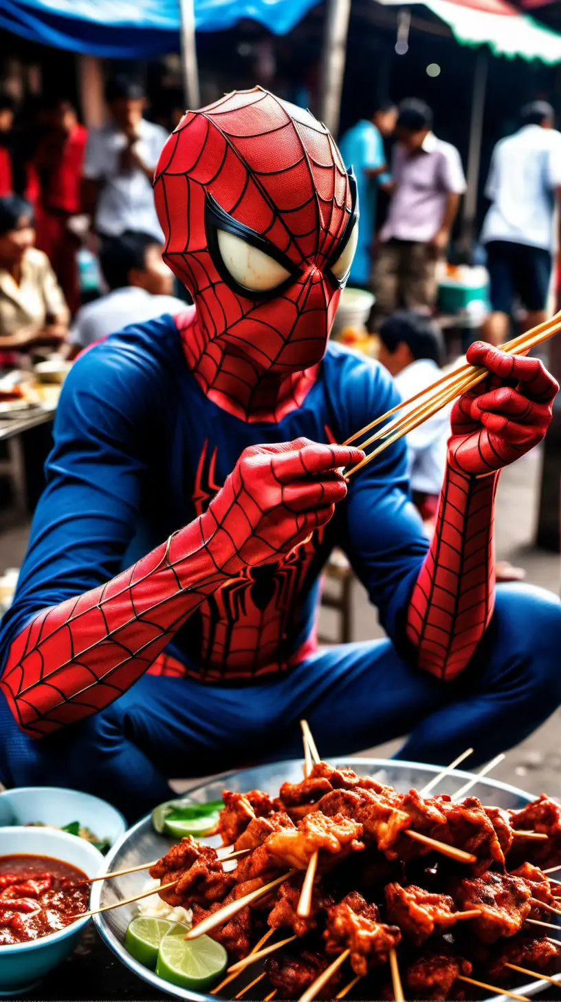 Make a Picture. Spiderman. Eating Satay at Warteg. In traditional markets. Indonesia. 10K Hd Image Quality.