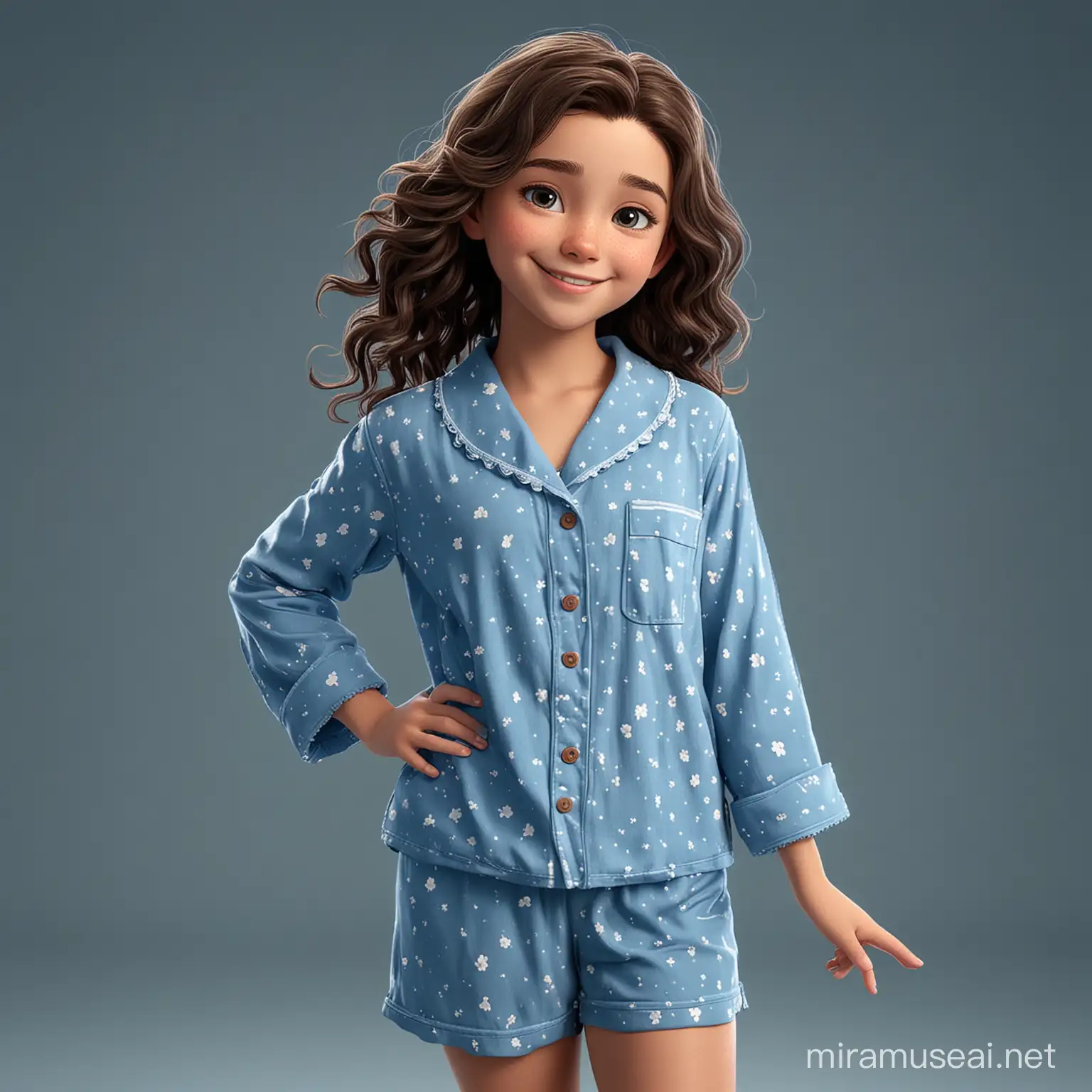 animation style, 13 year old mid sized girl, shoulder length, dark brown, wavy hair, full body, no background, happy, wearing cute blue pajamas, no socks, no shoes