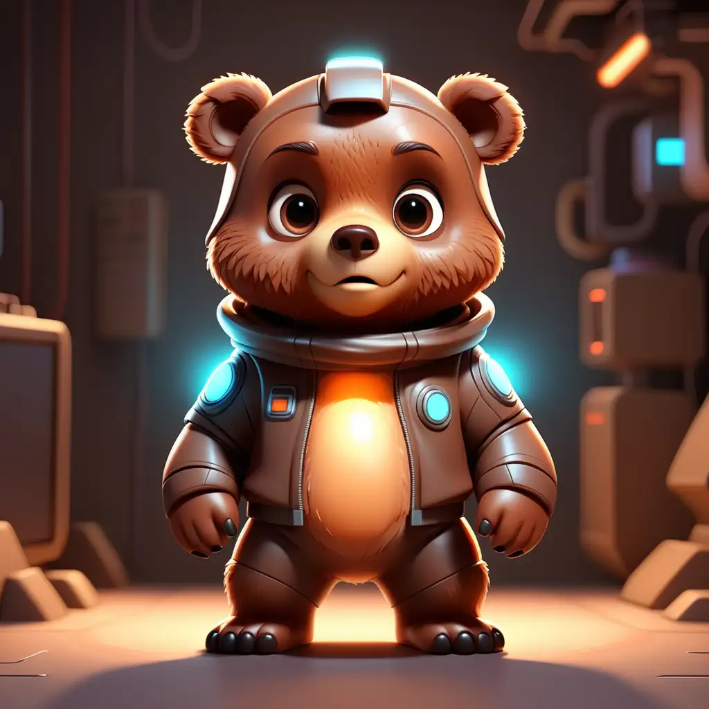 可爱的棕熊，卡通风格，站立，全身，科幻服装,发光