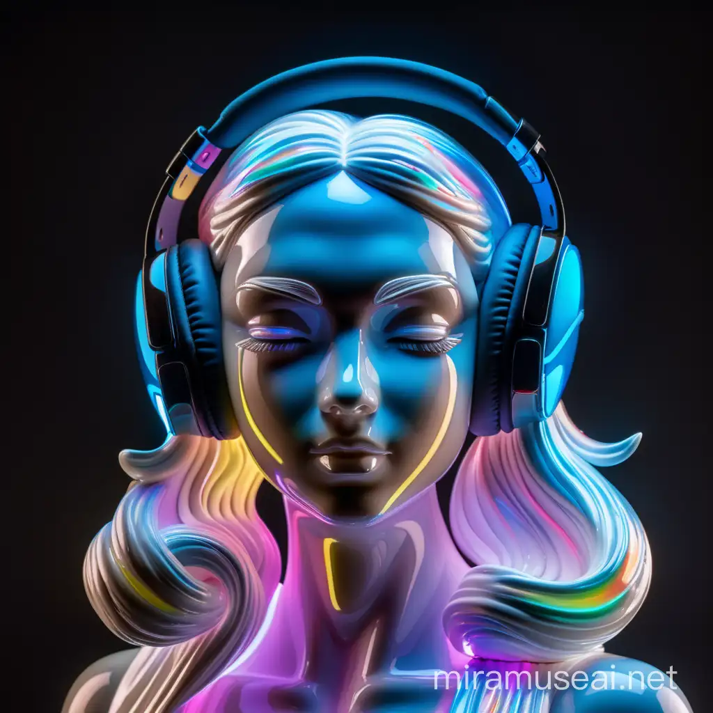 Produce a white shiny iridescent neon colored porcelain figure of a beautiful curvy feminine woman
Strong expression dynamic
Wearing headphones sweets hair ribbon glas
Face frontal looking to the camera but eyes closed
Black background