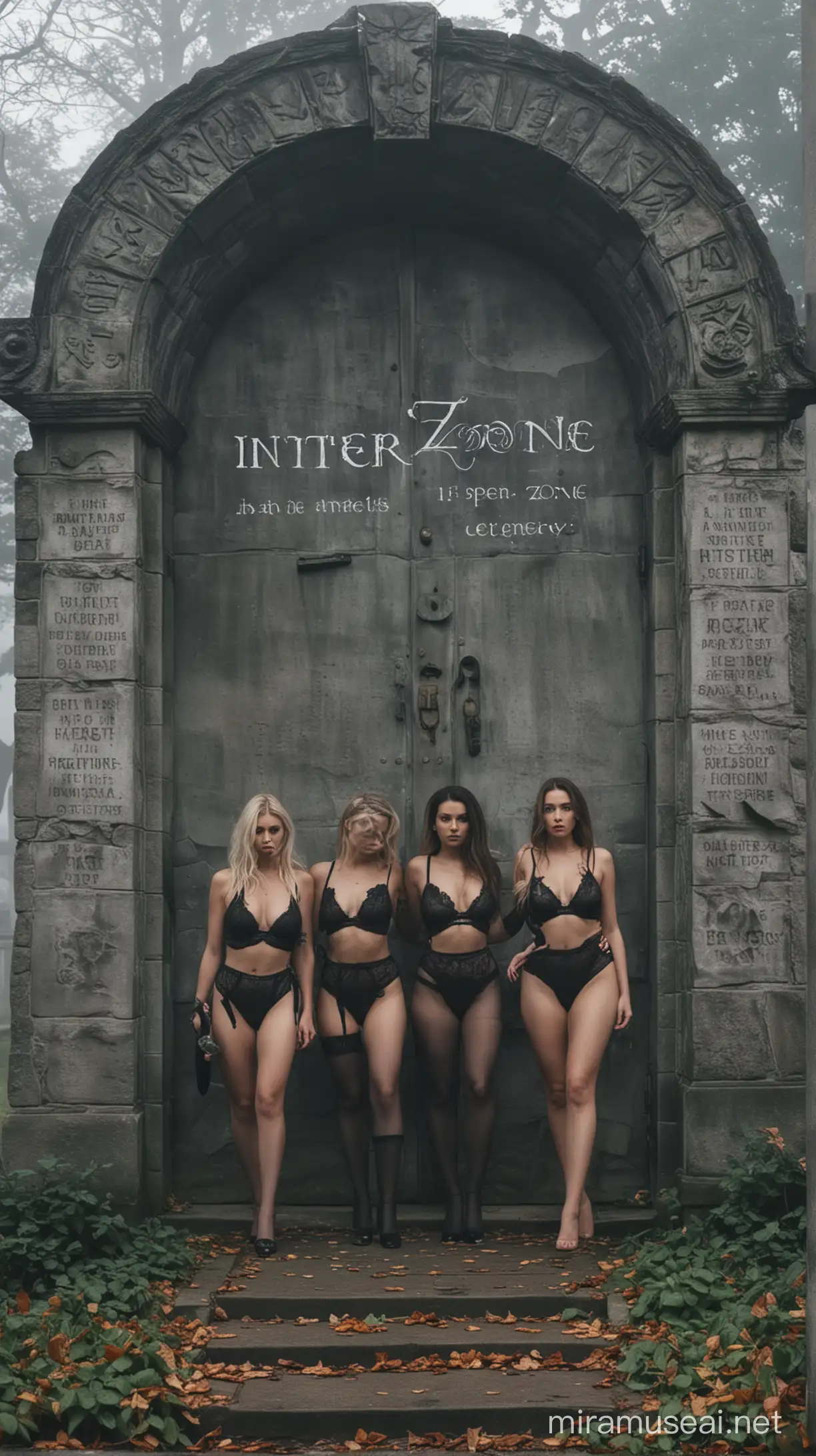the exact text "INTERZONE," inscribed over an OPEN stone door,  outside are THREE beautiful  WOMEN in black lingerie, they walk gracefully in a foggy cemetery